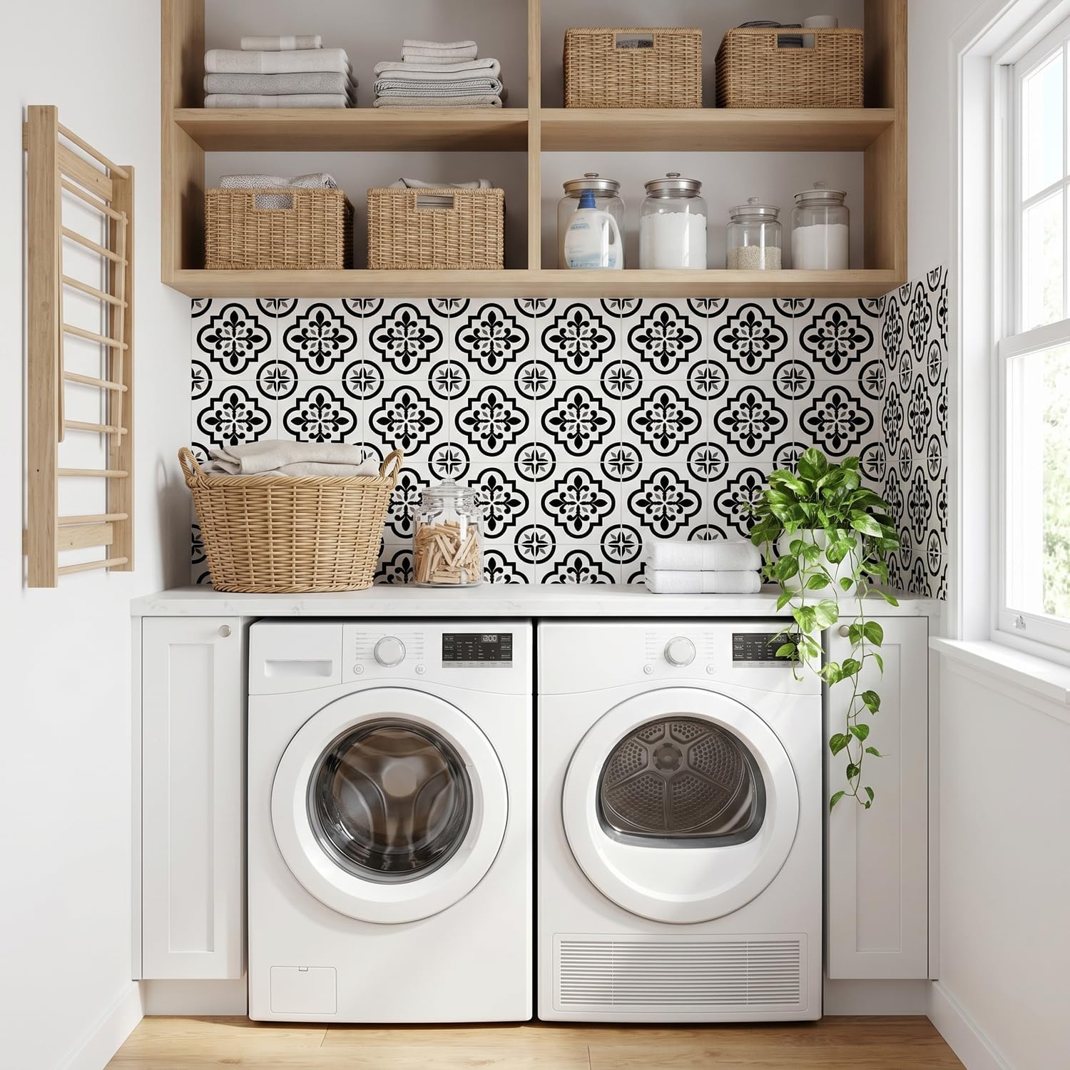 16 Pack, 5.9 Inch Black and White Peel and Stick Tiles, Removable Victorian Vinyl Decals for Backsplash, Stairs, & Furniture
