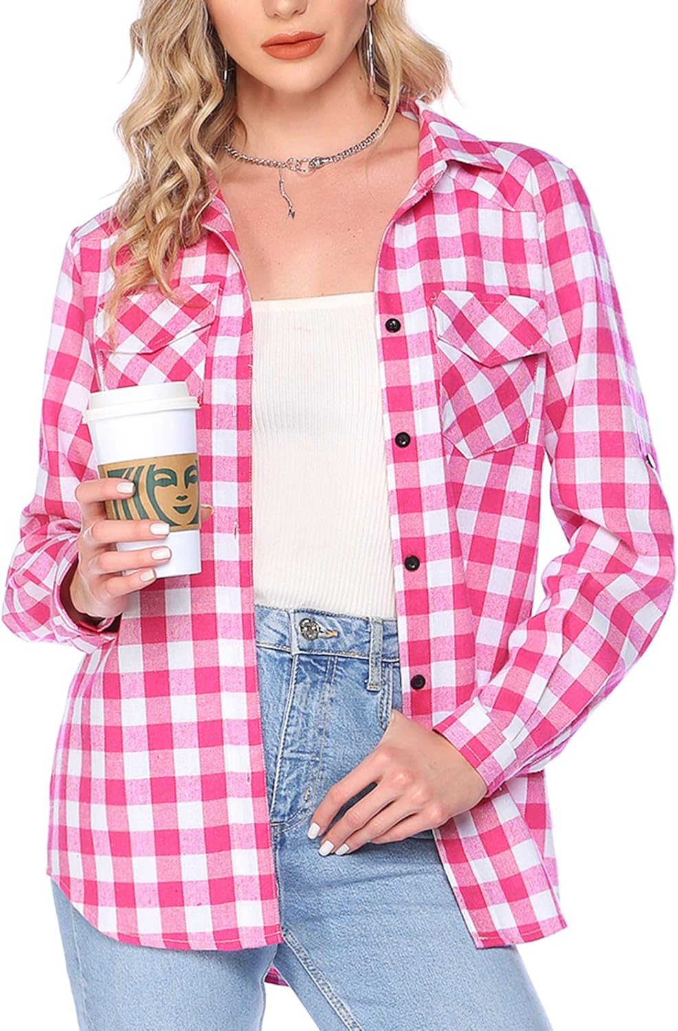 HOTOUCH Cute Flannel Plaid Shirts for Womens Roll Up Long Sleeve Button Down Plaid Shirt - Image 3