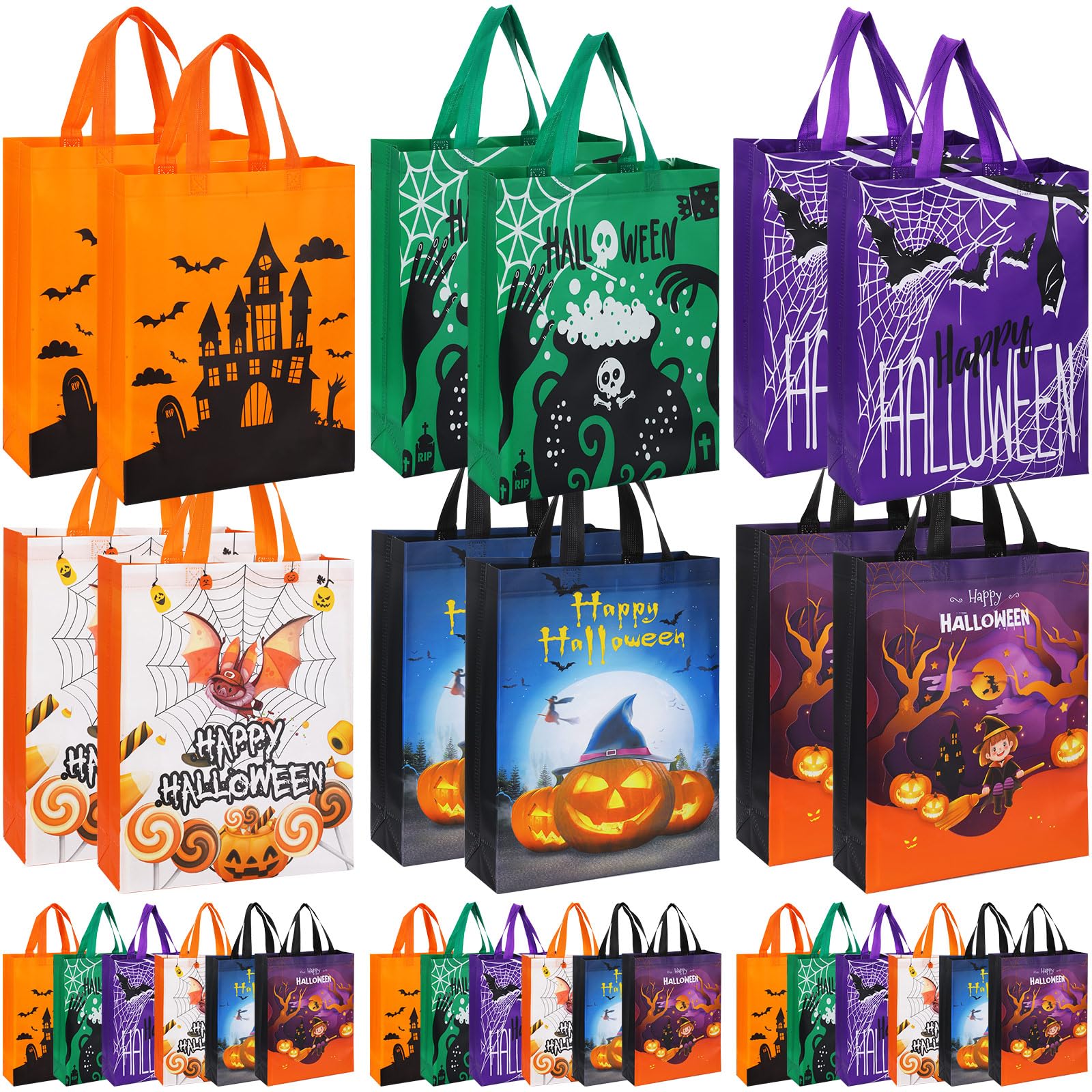 Sanwuta 24 Pcs Halloween Tote Gift Bags 14.9 x 11.8 Large Trick or Treat Reusable Non Woven Candy Treat Goodies Bags for Halloween Party Supplies