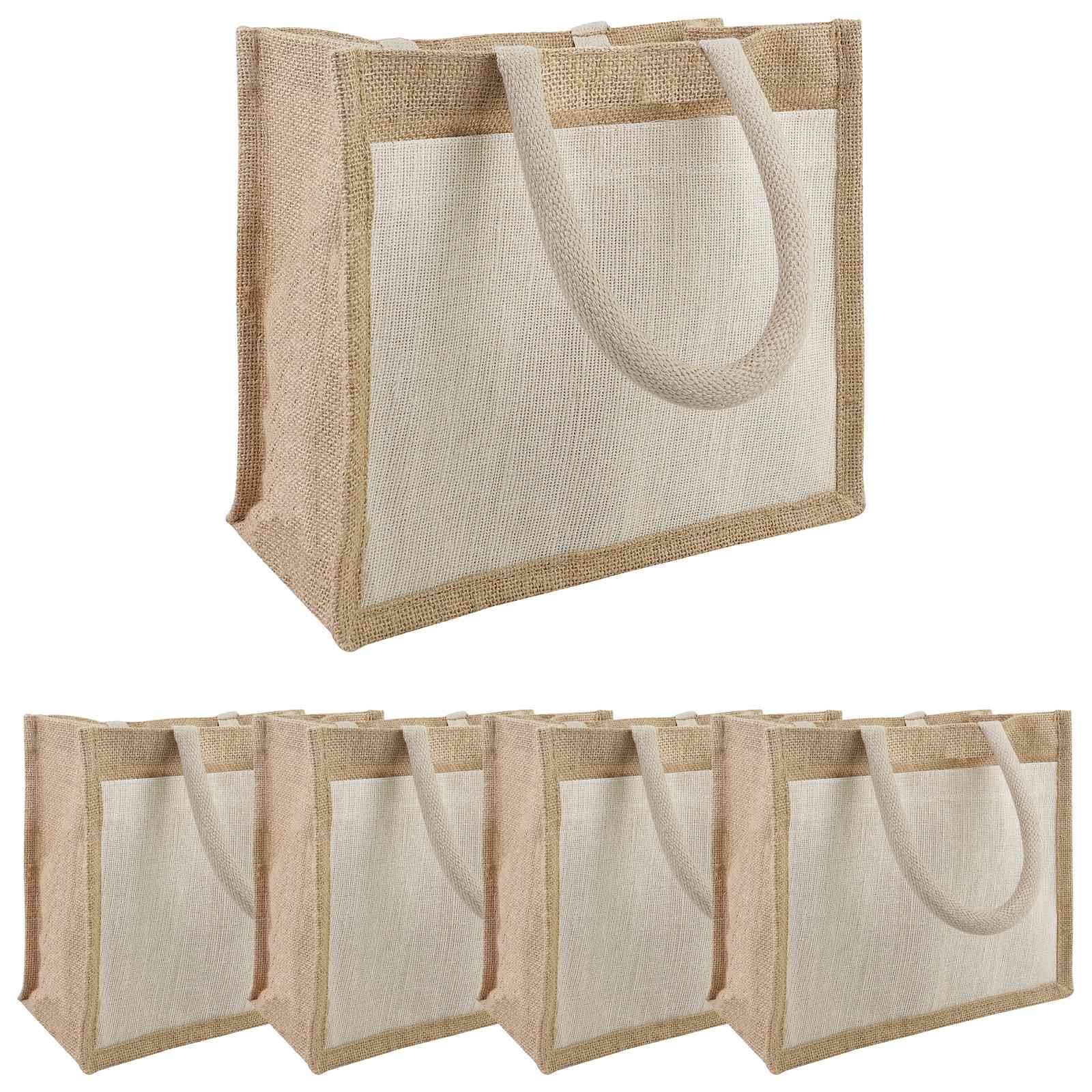 Sac de Shopping en Jute avec Poche Coton, Naturel et Blanc, 26 x 22 x 14 cm