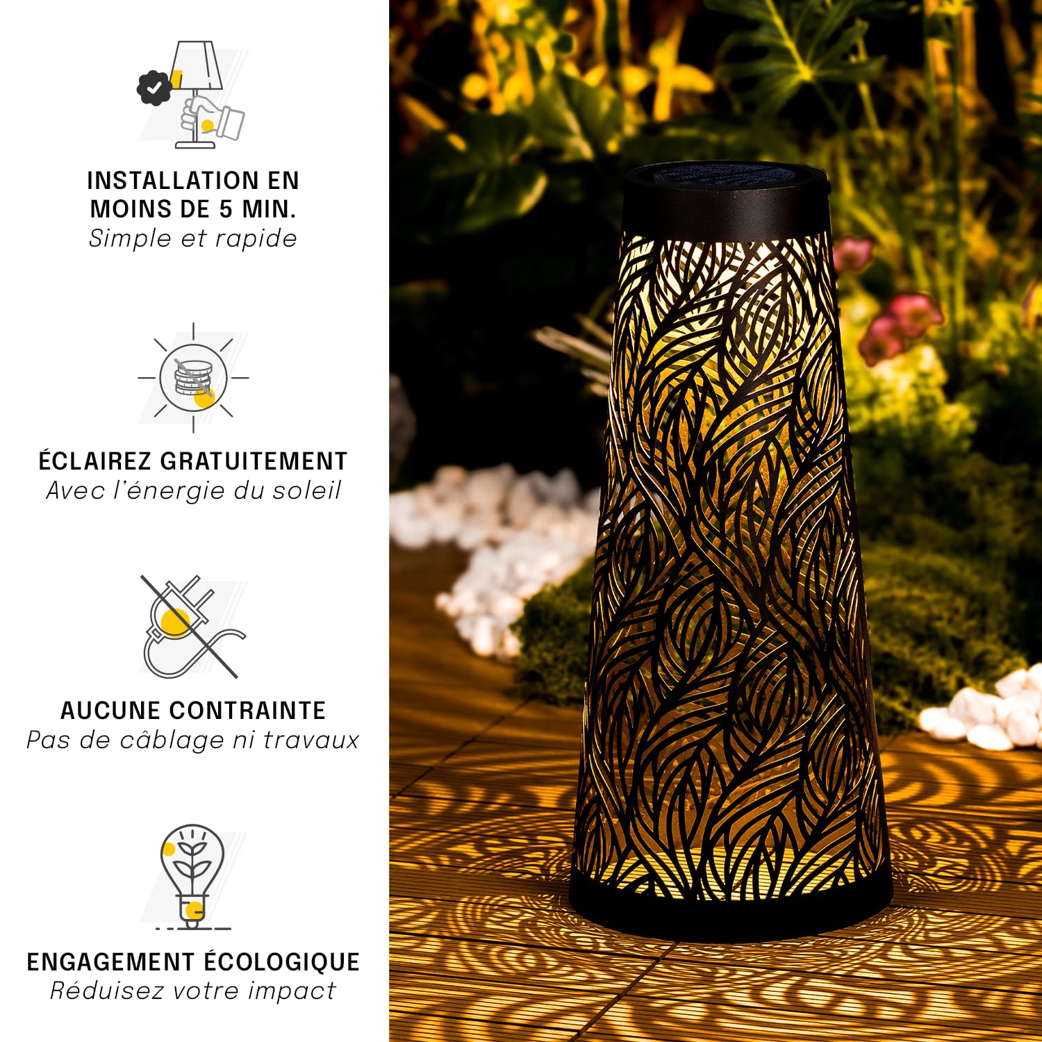 Borne Solaire LED Extérieur 150 Lumens - Éclairage Jardin Allée Terrasse - 5 Designs - Motif Lumineux Projeté - Recharge Solaire et USB - Autonome Sans Câblage (Conique (65 CM))