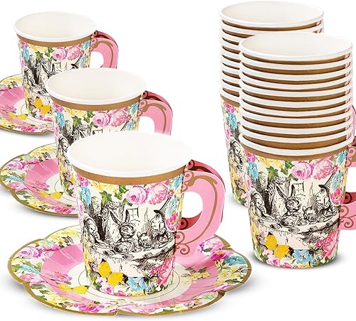 Set de tazas con manija y plato Truly Alice del Sombrerero Loco de Alicia en el país de las maravillas, en 3 diseños para fiesta de té o cumpleaños,