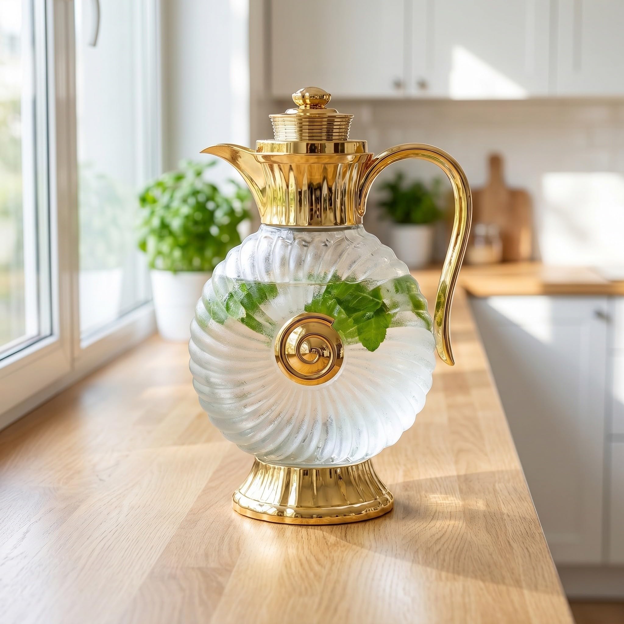 Happyyami Glaskrug 1,8l Gold mit Stabilem Sockel und Kühlschrankgeeignet im Eleganten Arabischen Stil für Dinnerpartys und Gästeunterhaltung