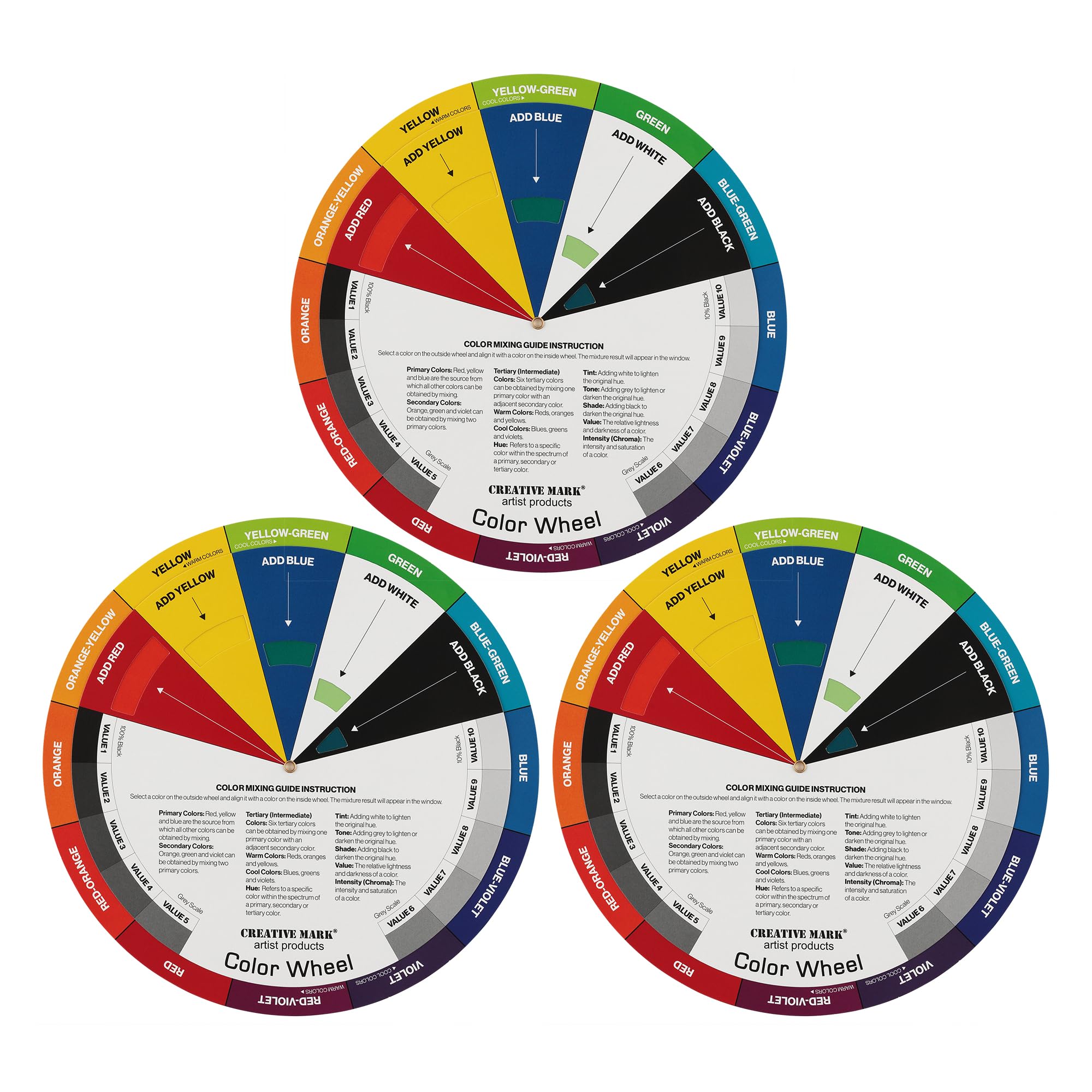 Creative Mark Double-Sided Color Wheel Mixing Guide 3 Pack, 9.25", 60 Colors, Munsell System Based, for Artists, Professionals, Students, Teachers