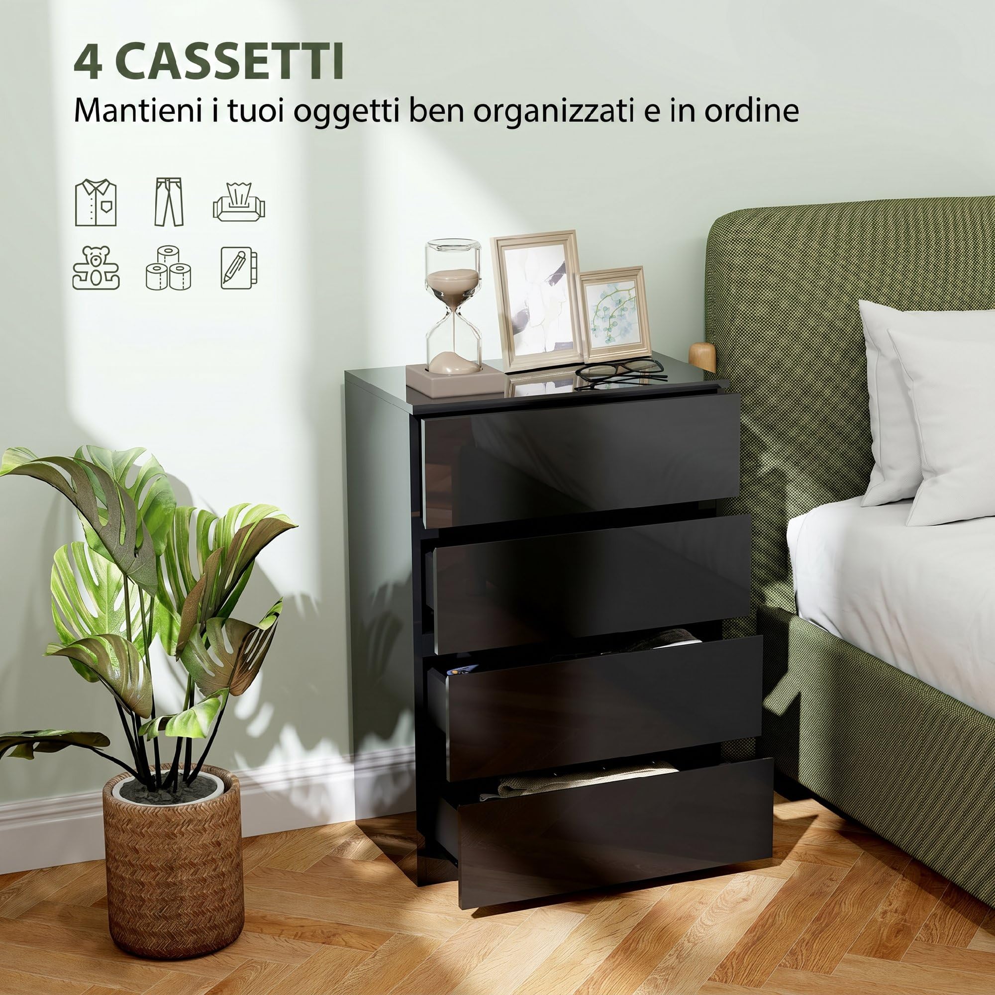 HOMCOM Cassettiera 4 Cassetti per Camera da Letto 55x34x80 cm Nero Lucido