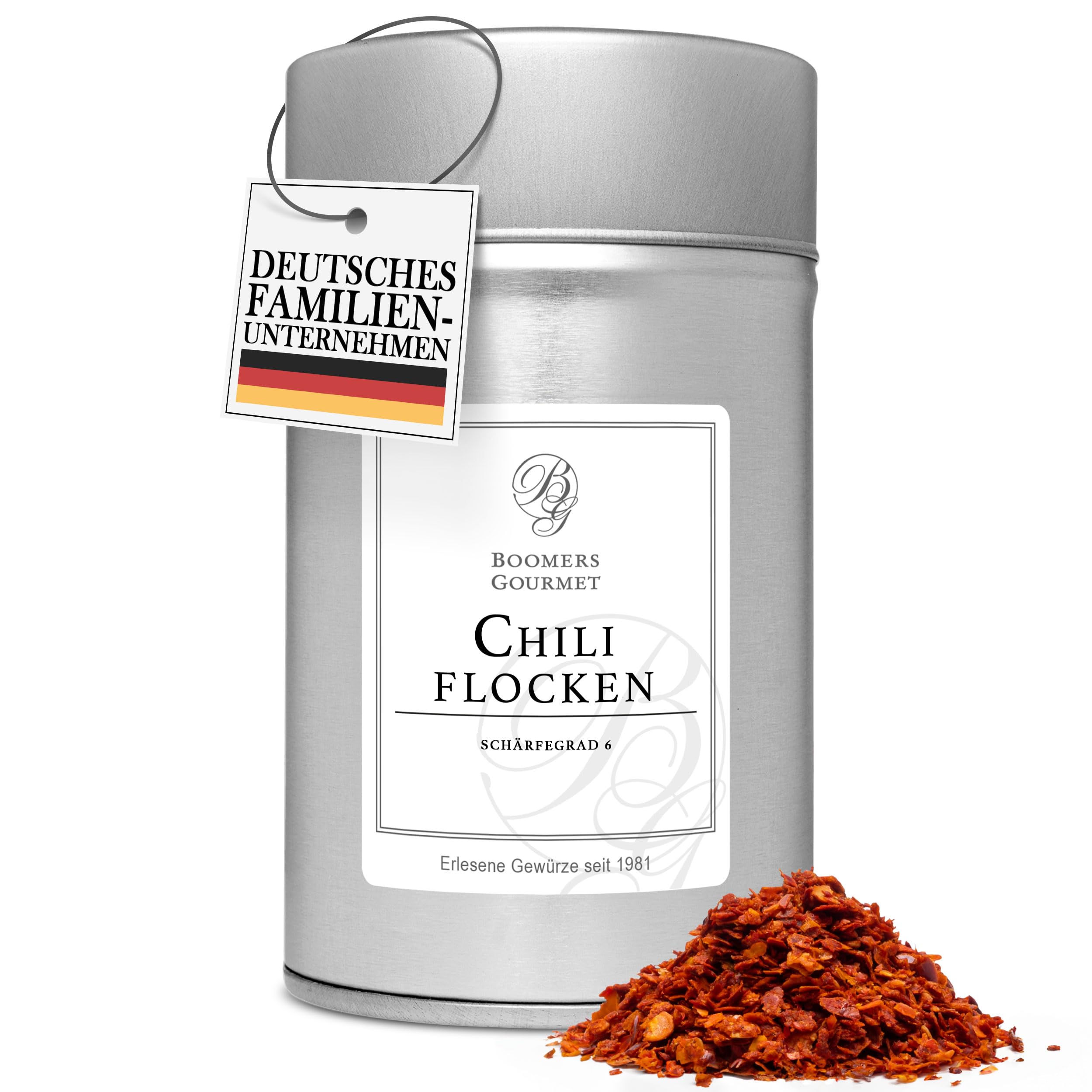 Boomers Gourmet - Chiliflocken Schärfegrad 6, Chilli Flocken geschrotet ohne Kerne mit idealer Schärfe - Gewürzdose 11,5 cm - 80 g