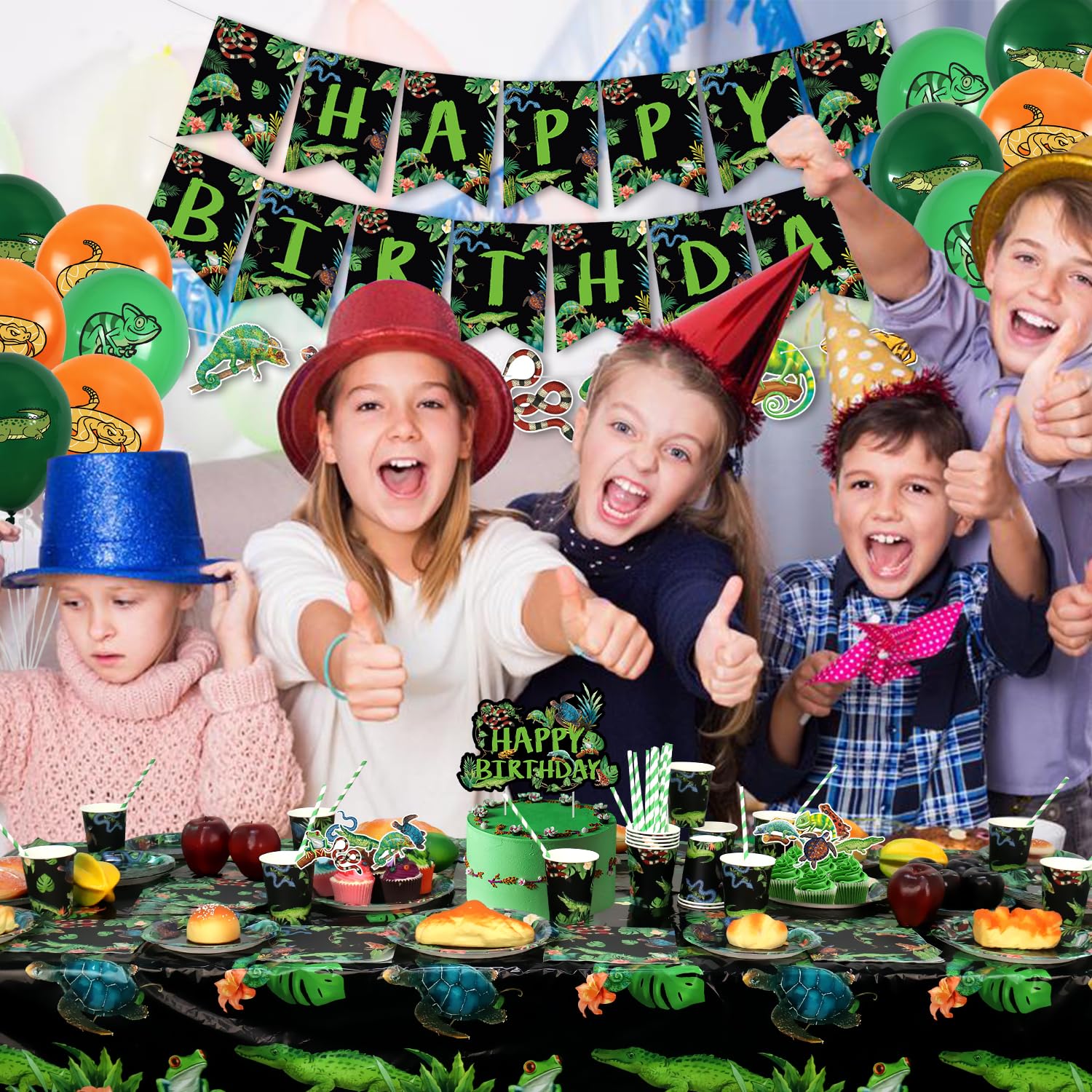 Decorazione Festa A Tema Rettili - Kit Completo Con Striscioni, Palloncini, Piatti E Tovaglia - Foto 10