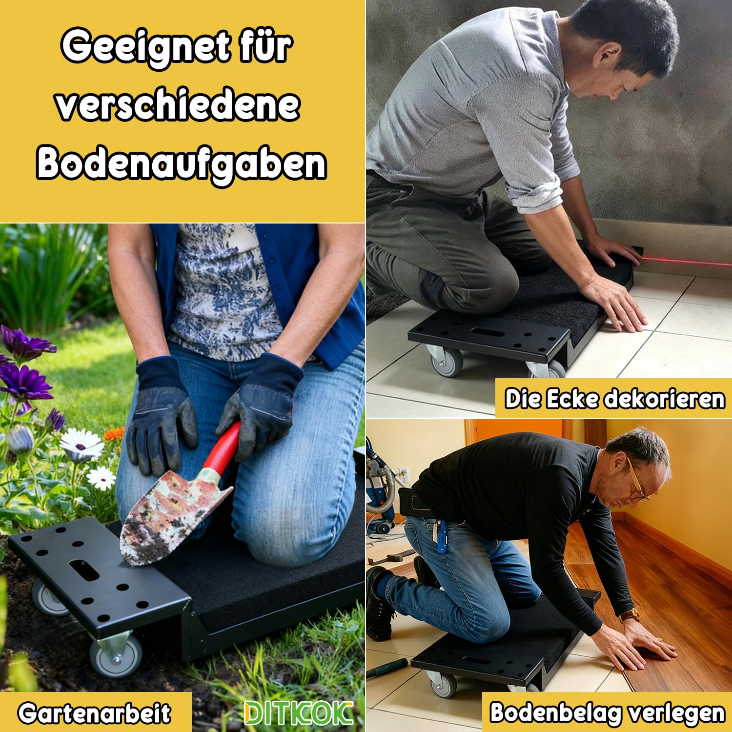 Metall Kniepolster mit Rollen, schwarzer Knieroller für Bodenarbeiten, idealer Baubegleiter für Profis und Heimwerker: Fliesenlegen, Bodenbeläge, Malerarbeiten - mühelos und arbeitssparend