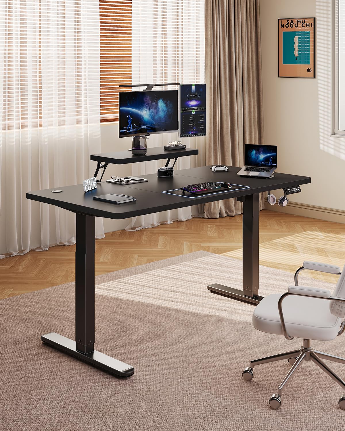 Airfish Höhenverstellbarer Schreibtisch 160 x 70cm mit Monitorständer | Schreibtisch Elektrisch mit LED Beleuchtung,Computertisch für Home Office und Gaming,Schwarz