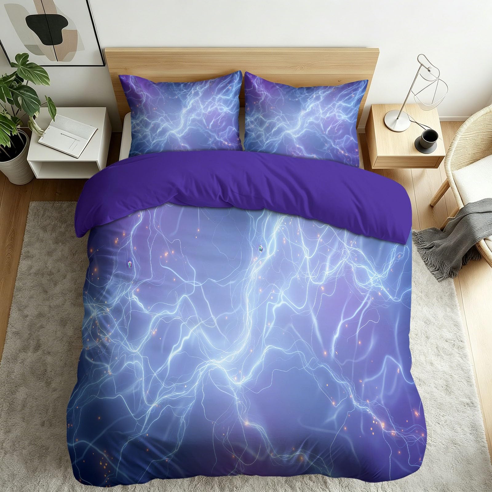 Parure da letto matrimoniale con copripiumino in microfibra viola + federe 65 x 65 cm, fantasia astratta set copripiumino (lampo corrente elettrica, 220 x 240 cm)