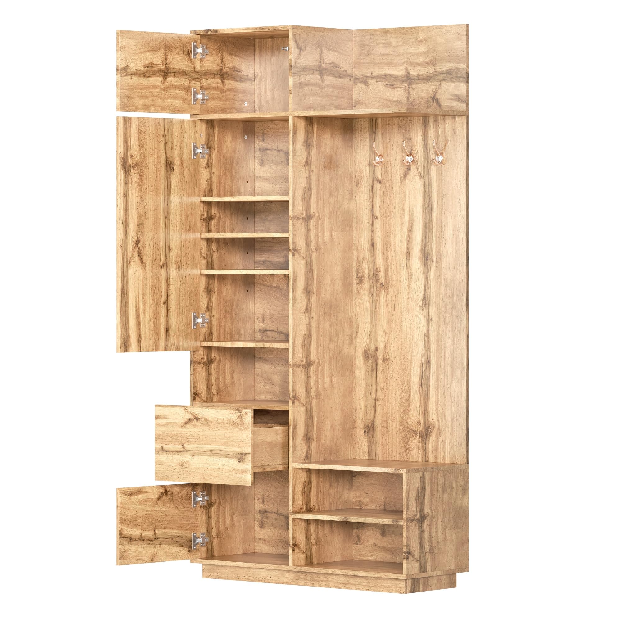 Perchero de Pasillo, Juego de Percheros Compacto con Espejo y Banco, Zapatero con Ganchos, Colgadores de Ropa, Muebles de Entrada (Natural)