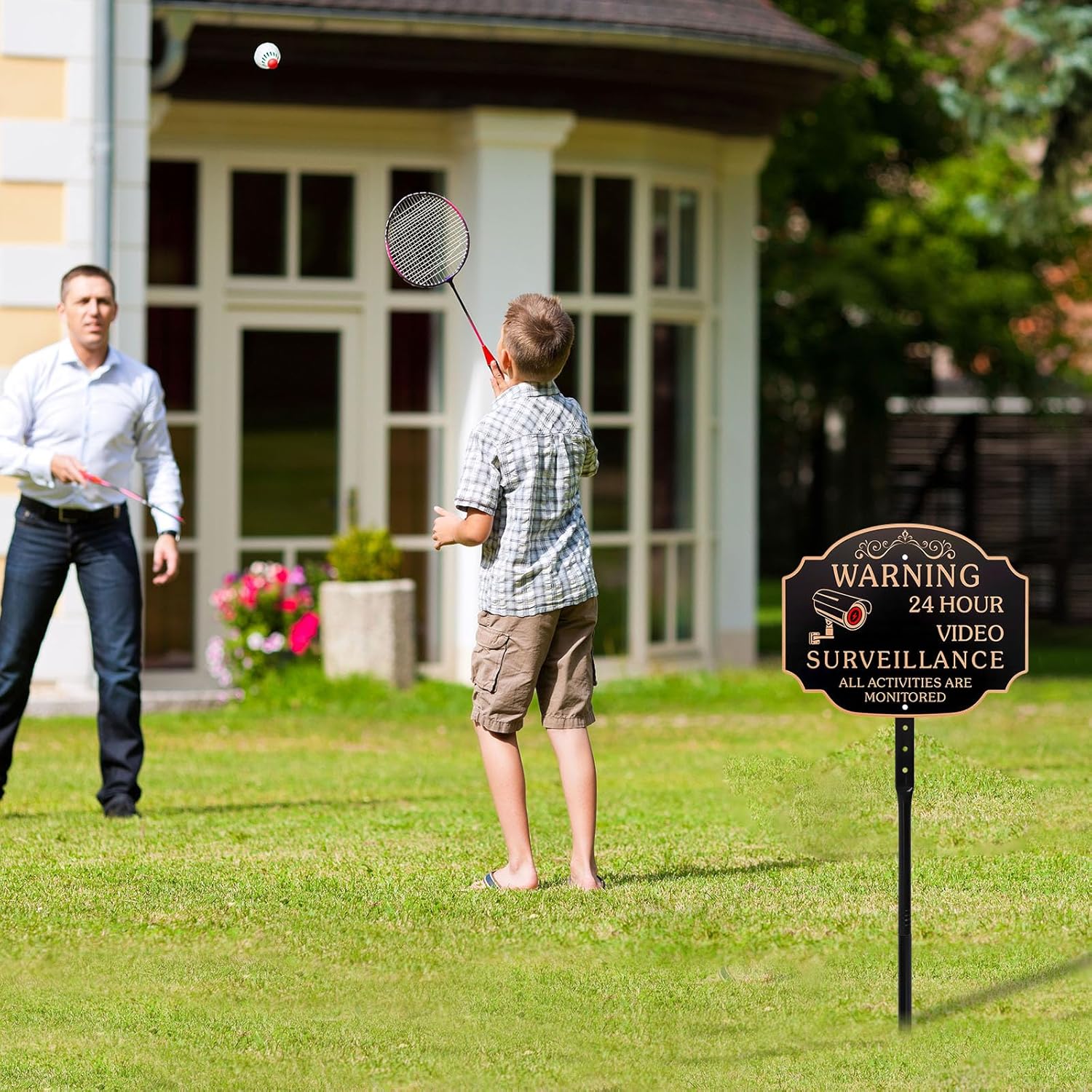 (2 Pack) Video Surveillance Sign, Aluminum 11.6x9 Inch Security Sign with 35.8" Metal Stake for Outdoor Home, Yard & Business, No Trespassing Warning Compatible with ADT/Camera Systems