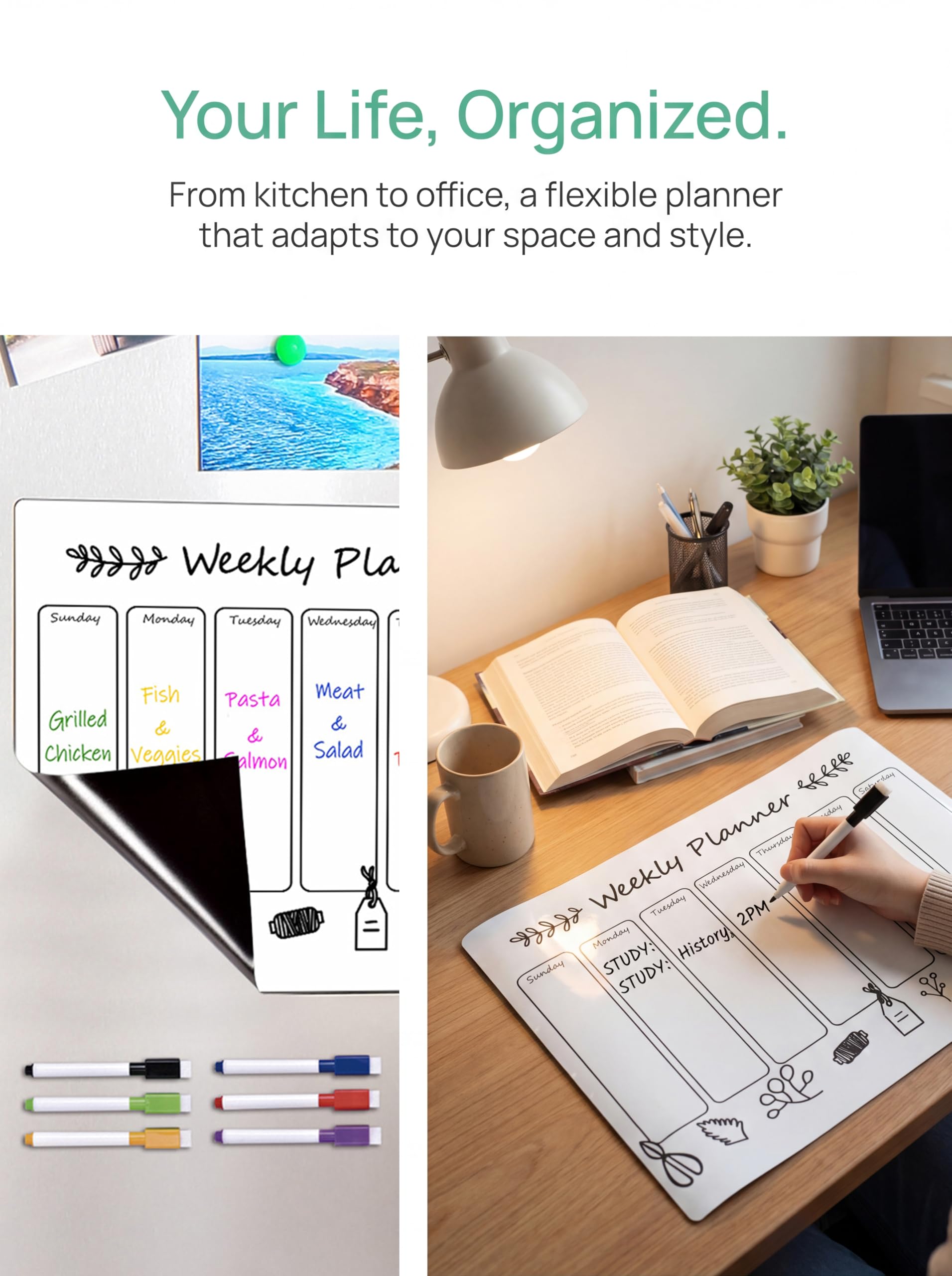 Tableau blanc magnétique effaçable avec 6 marqueurs et calendrier pour réfrigérateur, planificateur familial
