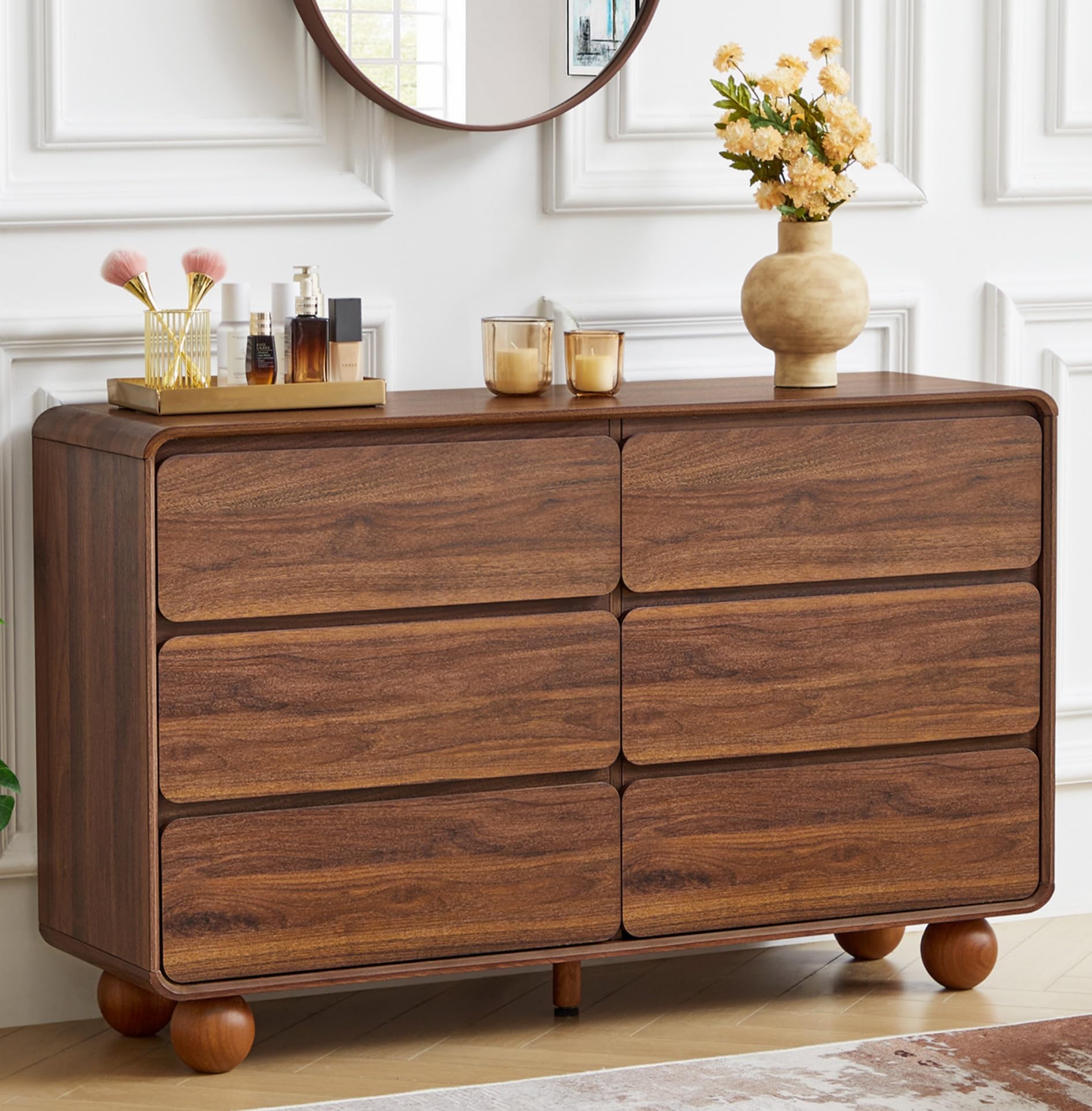 AVZEAR Modern 6 Drawer Dresser for Bedroom, 48" Wide Wooden Dresser Chest of Drawers, Handle Free & Curved Profile Design, Mid Century Closet Clothes