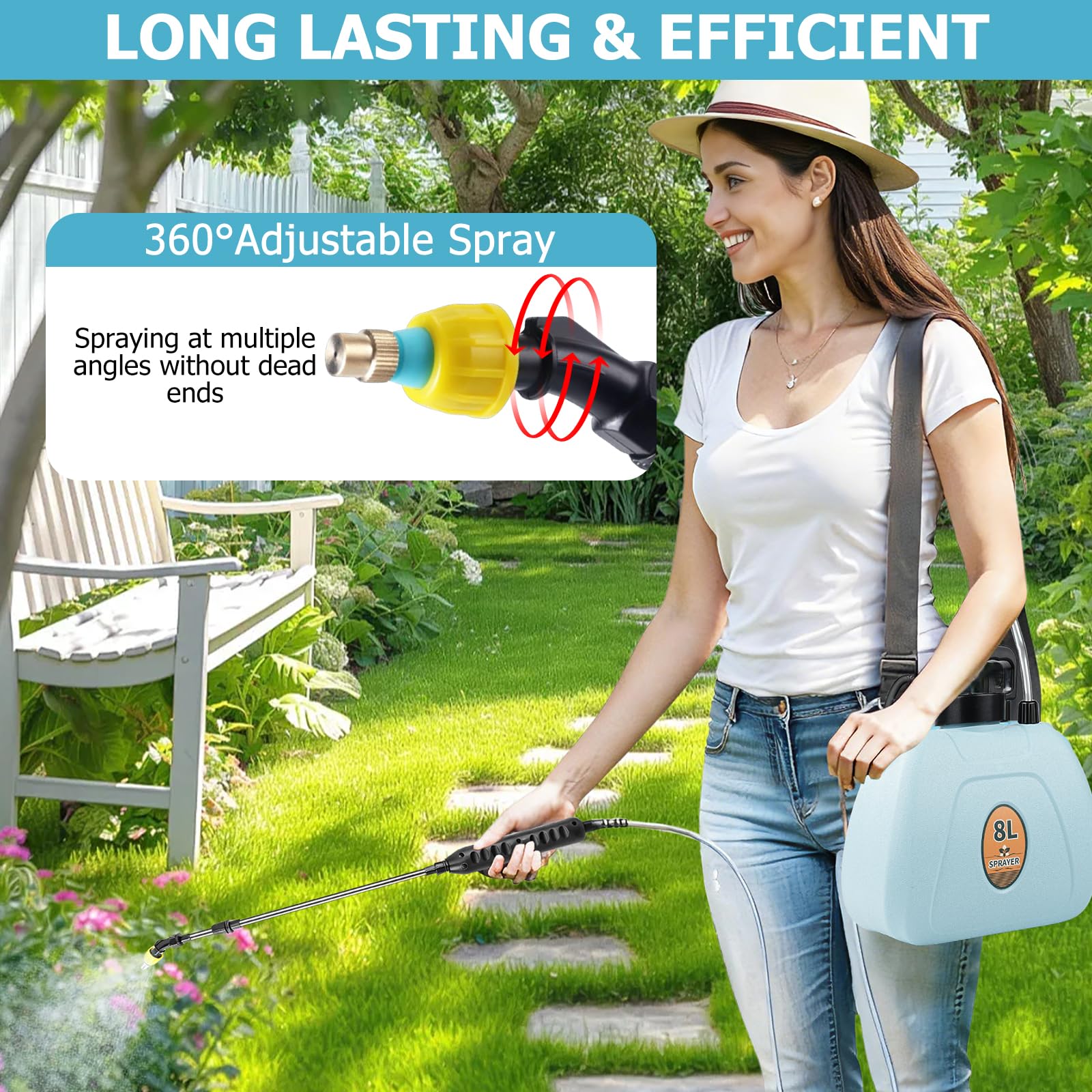 Nikou Pompa Irroratrice a Batteria 8L, Spruzzatore Elettrico Nebulizzatore Giardino a Pressione, Spruzzino Nebulizzatore Piante con 3 Ugelli, Lancia Telescopica, per Cortile Prato Irrigazione