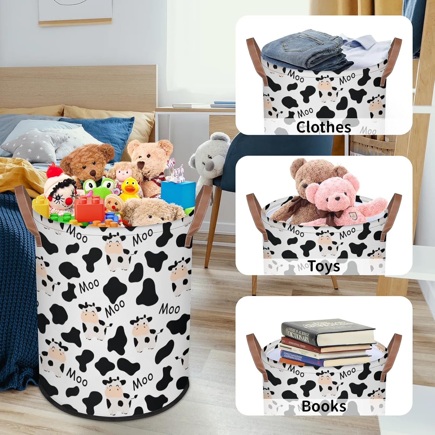 Large Laundry Basket With Handles - Foldable Laundry Hamper Clothes Basket Home Decor Collapsible Round Storage Bin Toy Organizer Bins for Nursery Dorms Bedroom Bathroom(Cute Cow Print)