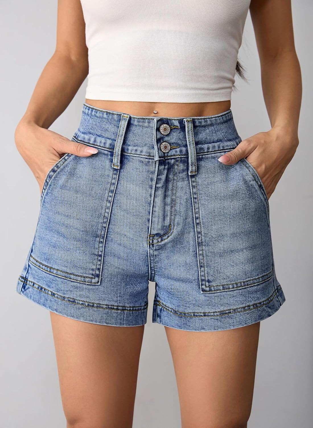 Pink Queen Women's High Waisted Denim Shorts 2026 Casual Summer Hot Short Jeans Vintage Patch Pocket Jeans Shorts - Image 2