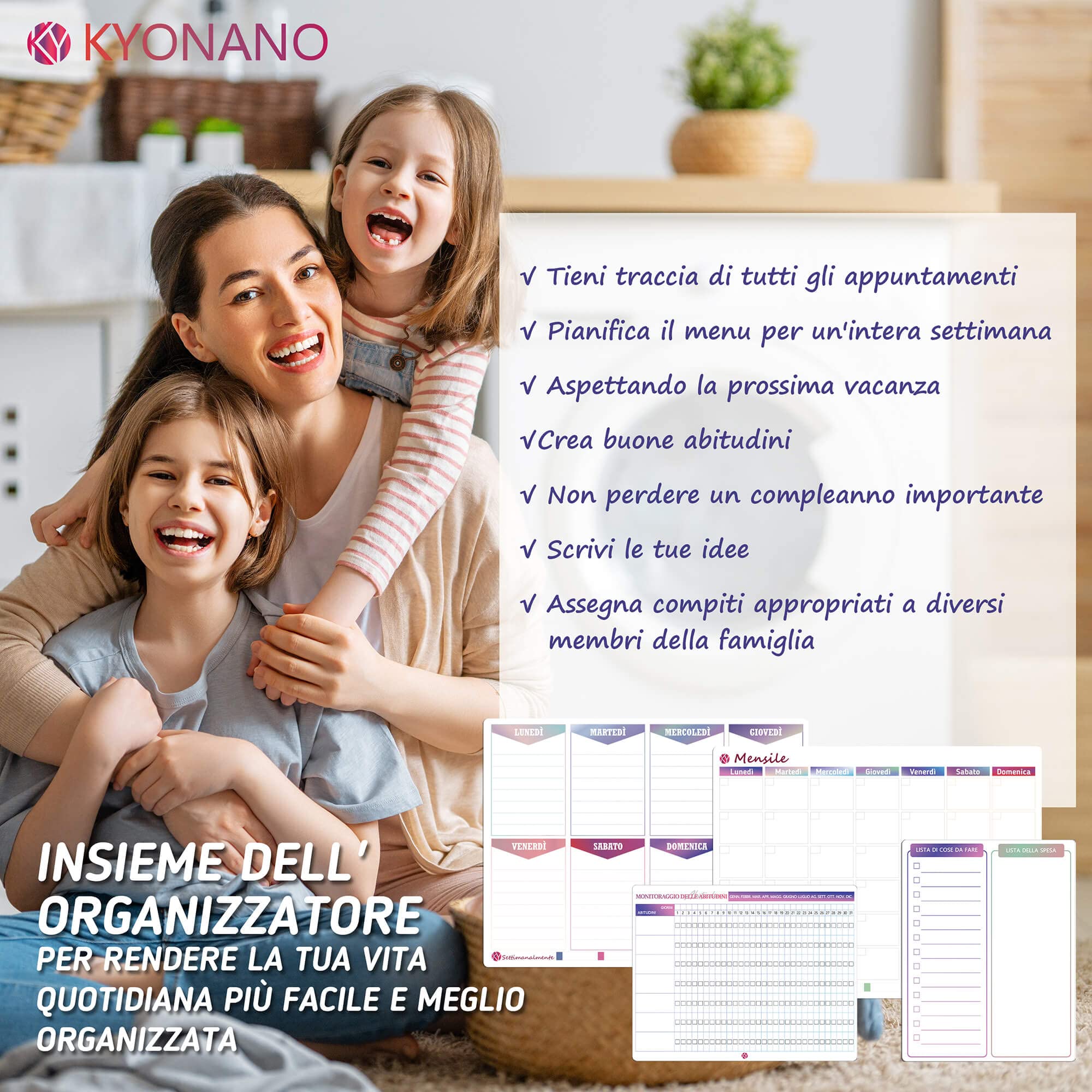 KYONANO Lavagna Calendario Magnetica frigo, incluso Pianificazione la Settimanale&Mensile+Lista delle cose da fare+tracciatore di abitudini, Lavagna Bianca Calendario cancellabile 4 Set - in Italiano