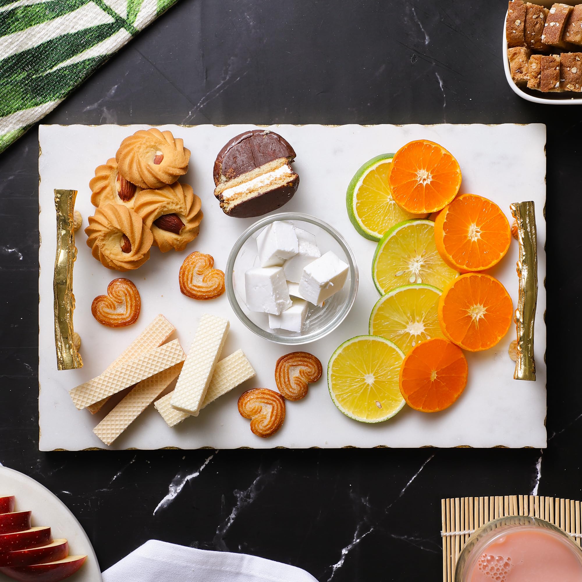 NikkisPride Handmade Marble Serving Tray with Gold Finish Metal Handle Luxury Marble Tray with Handles