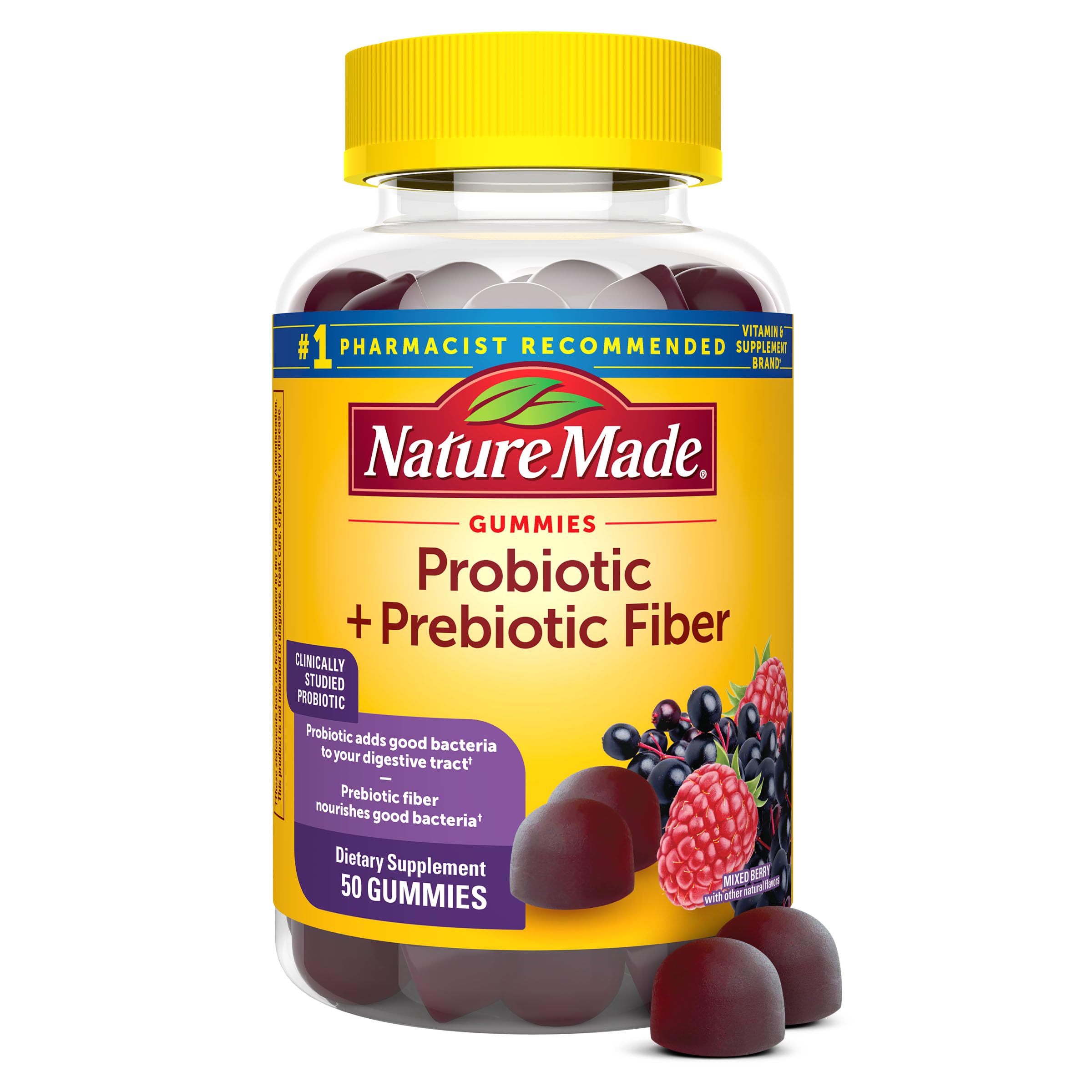 Nature Made Probiotic + Prebiotic Fiber Gummies for Daily Gut Health, Digestive Support Supplement with Probiotics and Fiber, 50 Gummies, 25 Day Supply