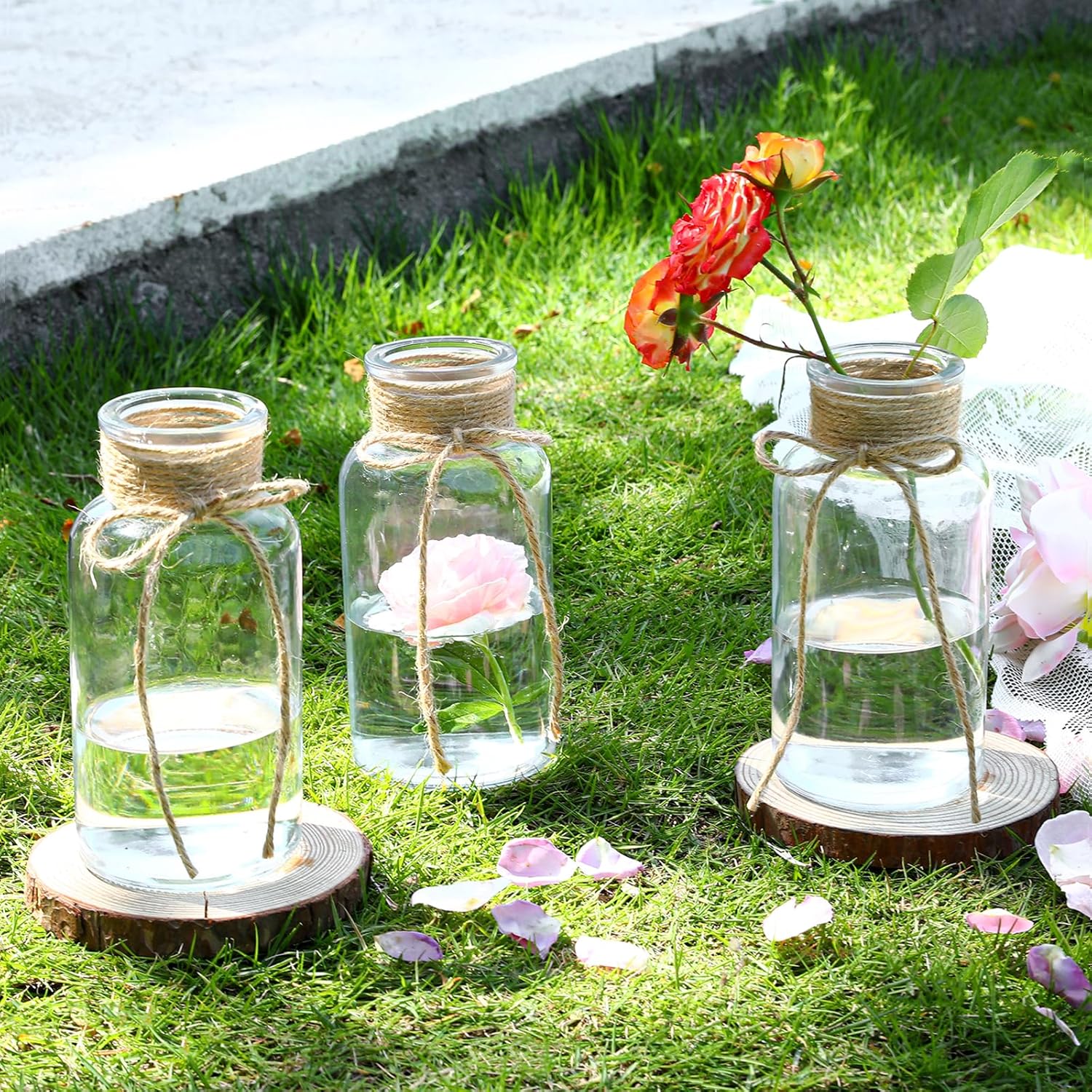 Vintage Clear Glass Vases for Flowers – Set of 6 Decorative Cylinder Vases with Hemp Rope for Farmhouse Wedding Centerpieces, Reception Table Decorations, Home Decor, Floral Arrangements - Image 5