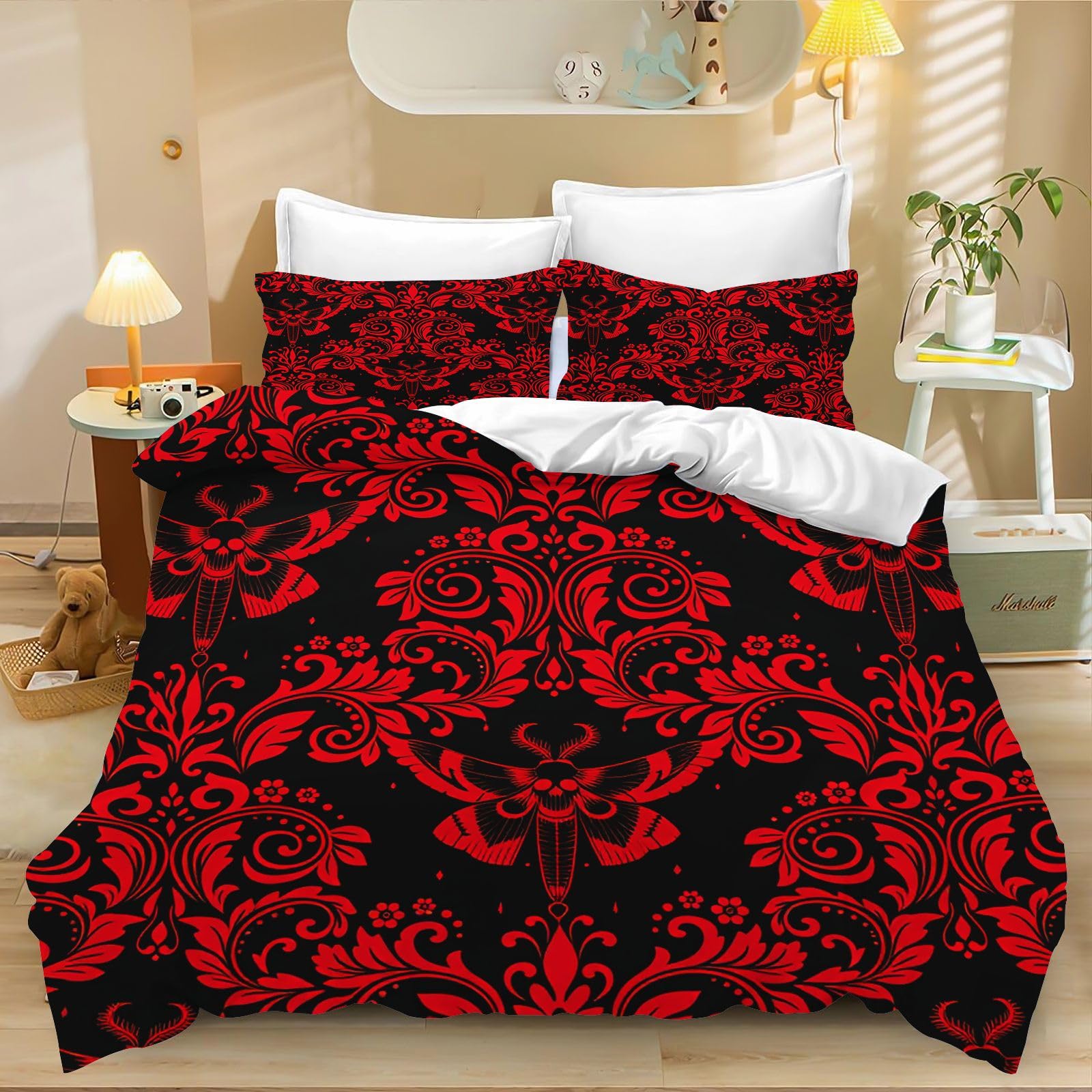 Fgolphd Red Black Damask Moth Duvet Cover Set, Soft Microfiber Double-200x200cm Bedding with Zipper, All Seasons Bedroom Decor