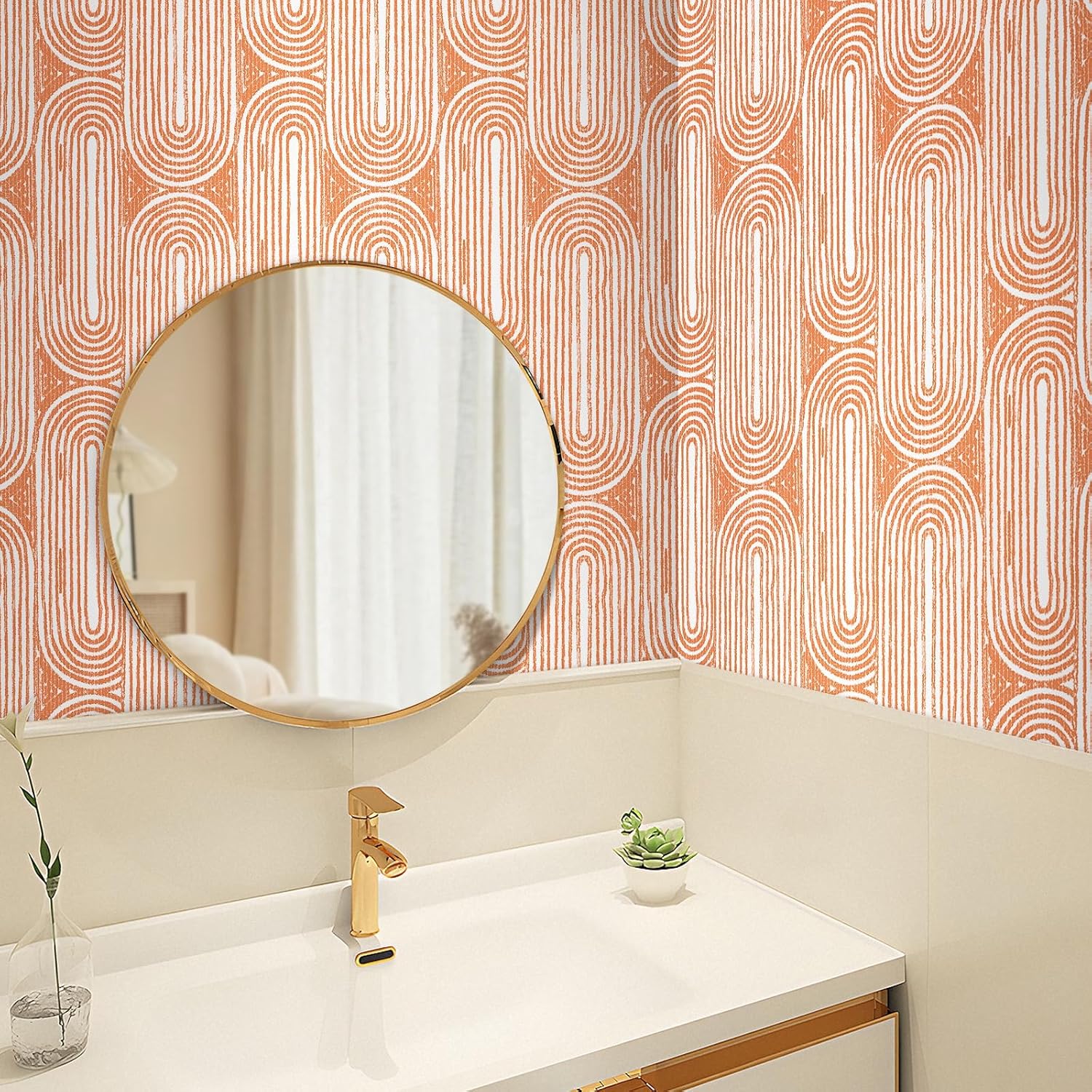 Livelynine 17.5x591 Funky Wallpaper Peel and Stick Boho Modern Mid Century Wallpaper Geometric Abstract Removable Retro Orange Wall Paper Self Adhesive Funky Contact Paper for Shelves Waterproof