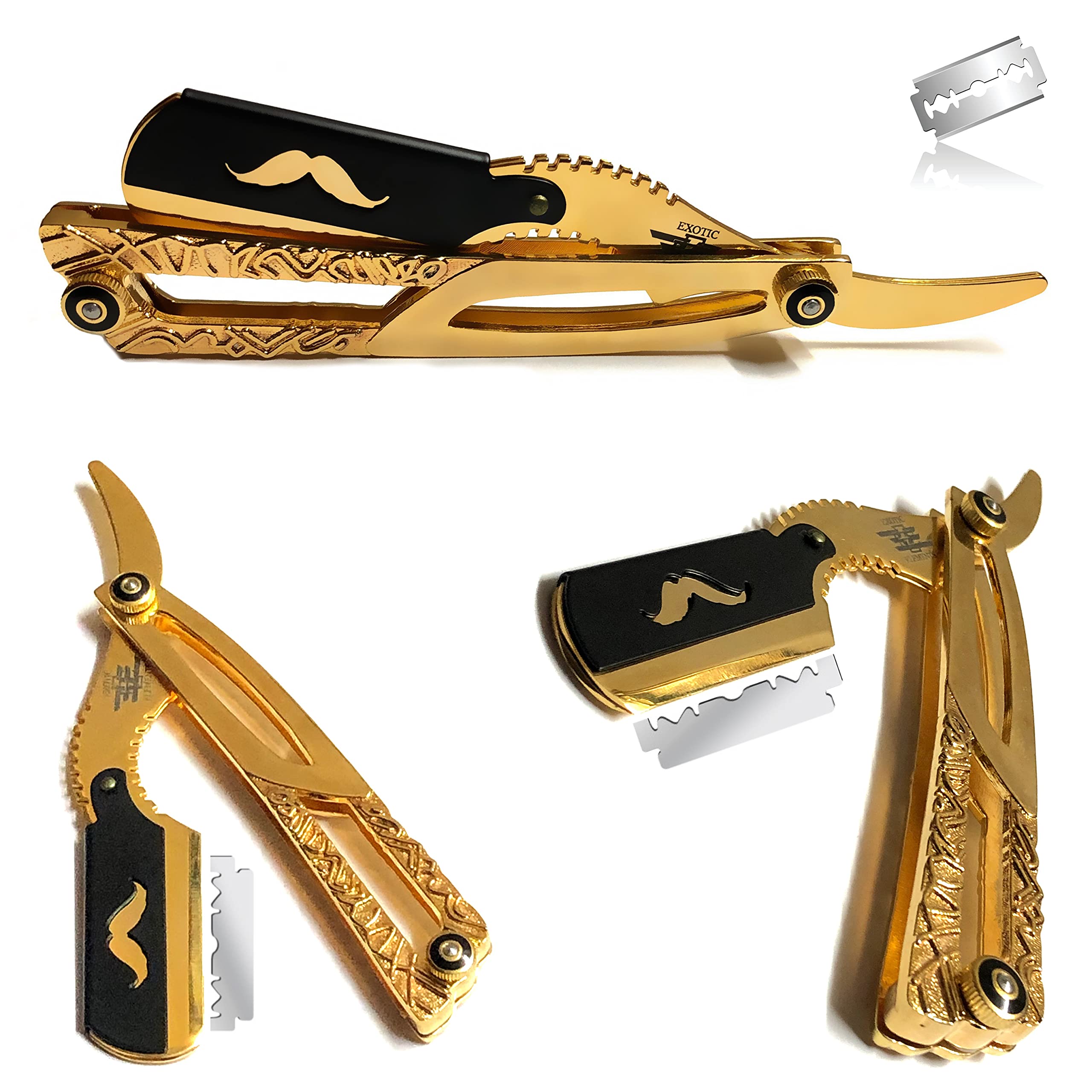 Gold Platted Barber Straight Edge Professional Shaving Razor Blade – Grooming / Hair Shaving tool for Shape-ups Beard Mustache Eyebrows Sideburns Forehead and More – Classic Folding Shaver