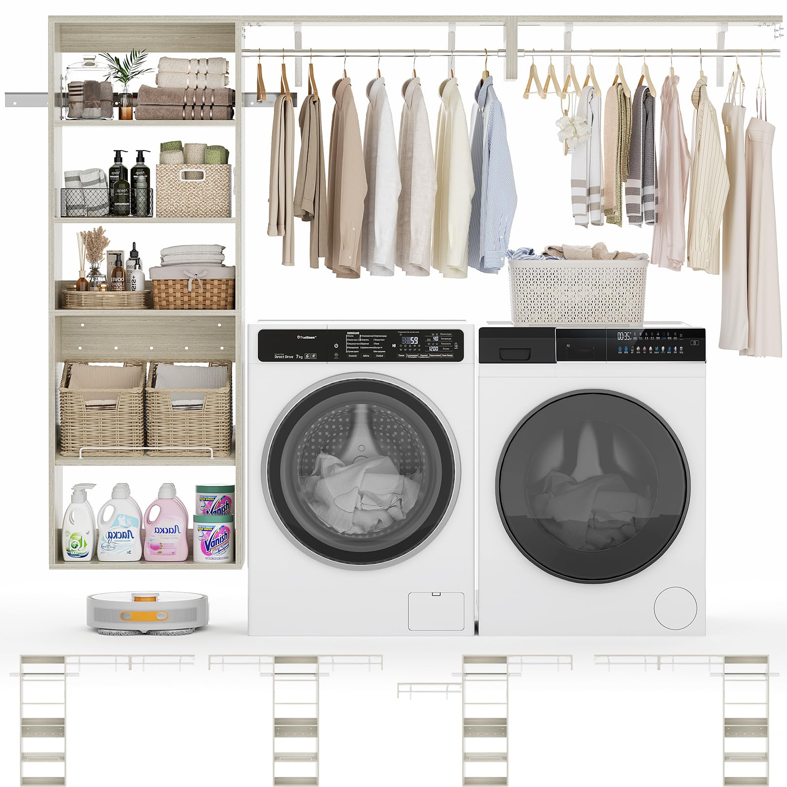 Unikito Over Washer and Dryer Storage Shelf, 8FT Wall Mounted Laundry Room Organizer, Space Saver Clothes Drying Rack with Hanger Rod, Heavy-Duty