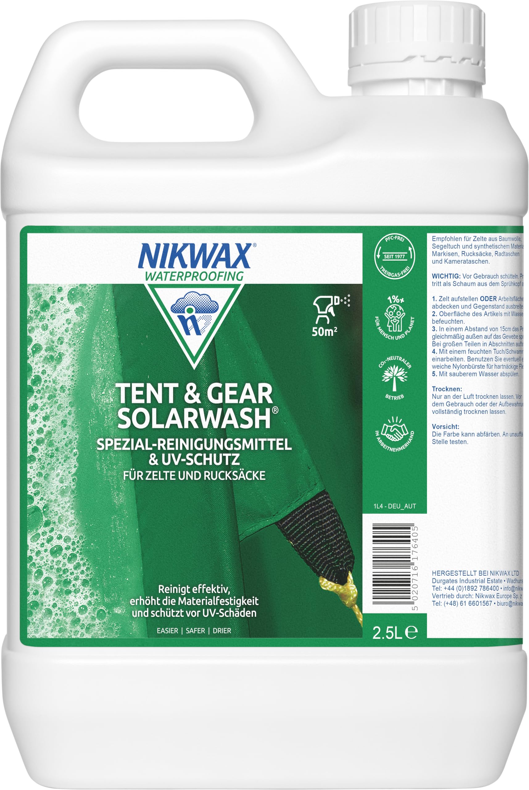 Nikwax TENT & GEAR SOLARWASH, detergente tecnico e blocco UV per tende e borse, 2,5 litri con attacco spray