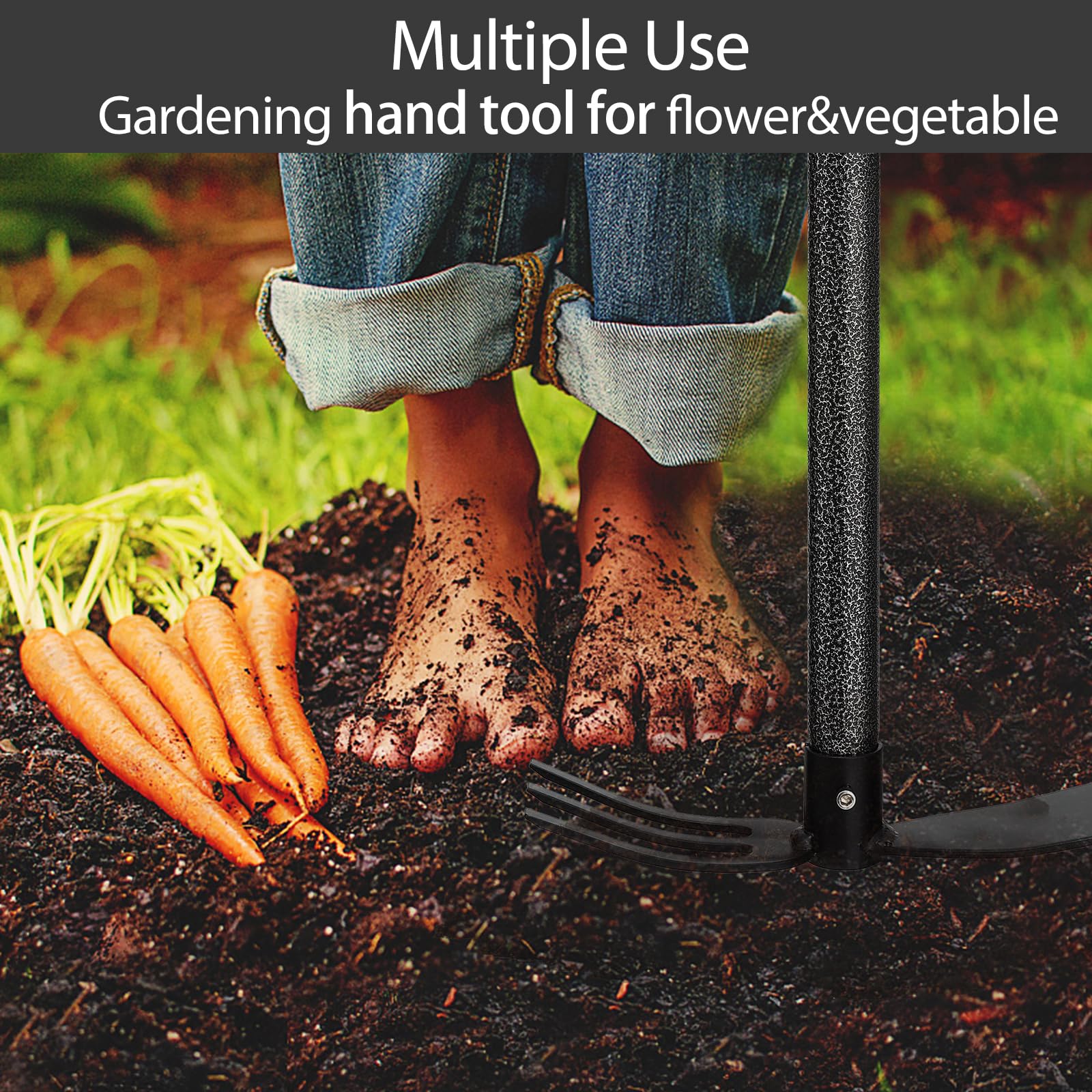 Zappa e coltivatore attrezzi manuali da giardinaggio, zappa da giardino in acciaio inox resistente e 3 forchette per giardinaggio diserbo piantare con manico regolabile 114,3 cm