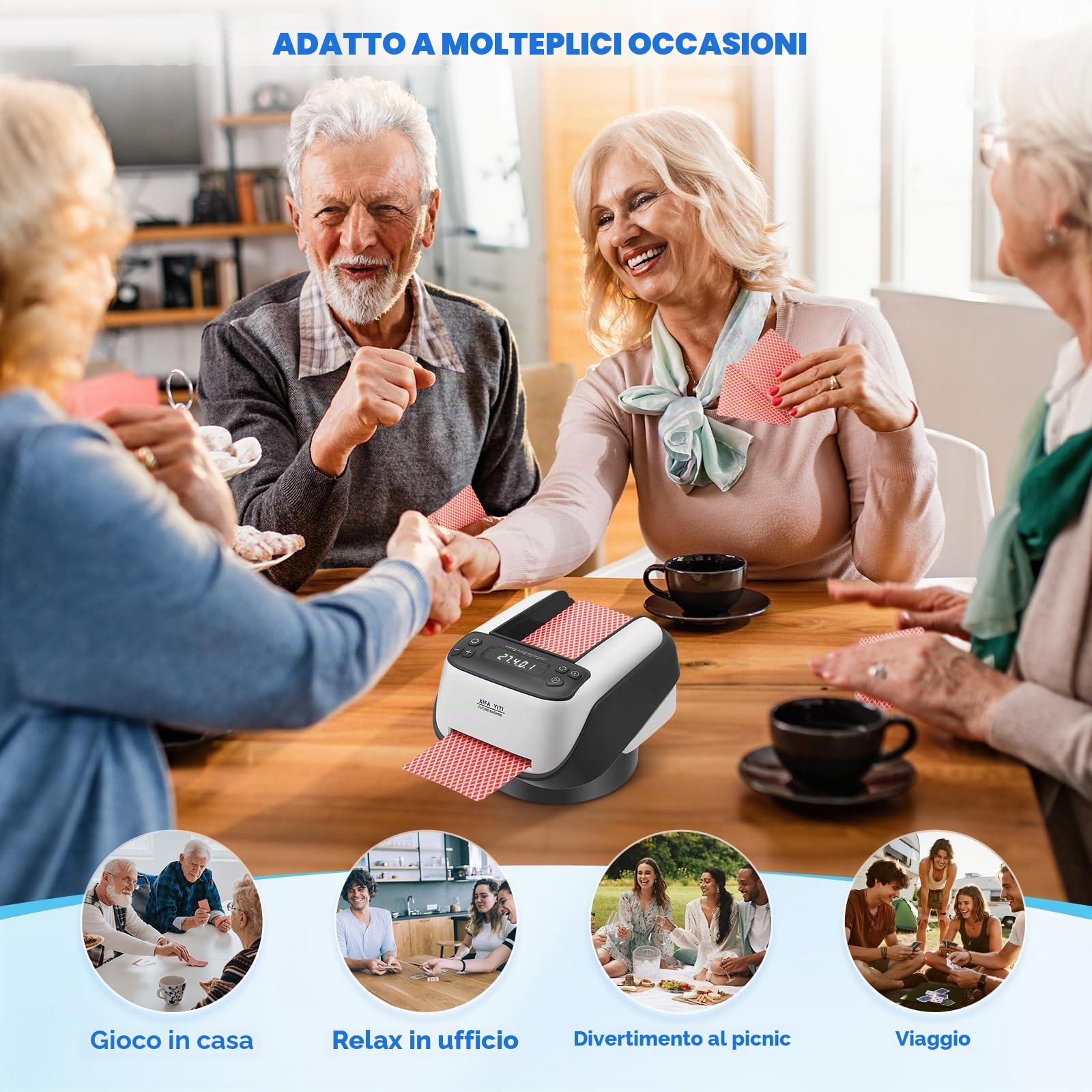 Distributore Automatico di Carte, 8 Giocatori Regolabili, capacità Fino a 4 mazzi di Carte, Base Girevole a 360°, modalità di visualizzazione Diagonale/Basculante per Poker Uno