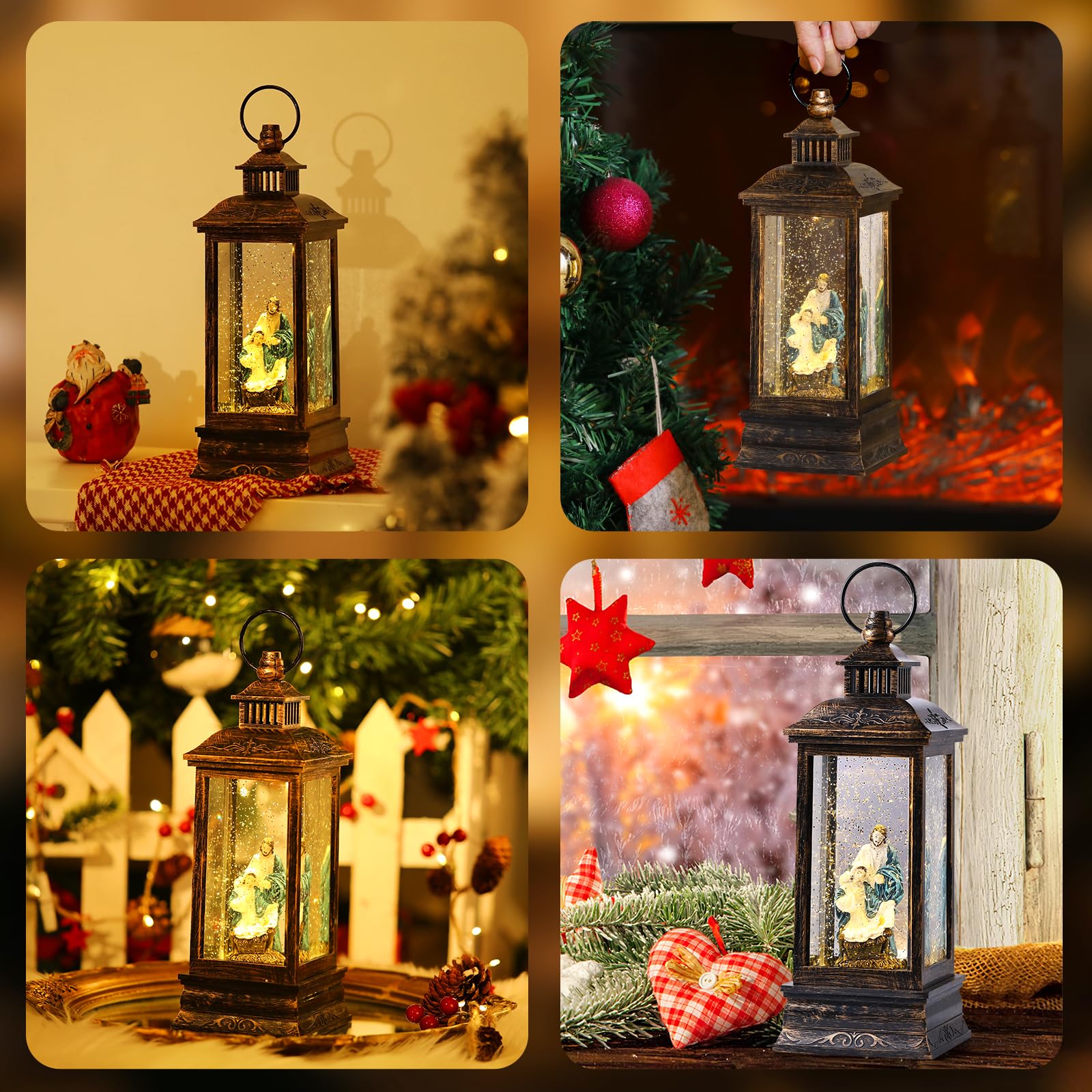 Lewondr Globo di Neve di Natale, Globo di Neve a Forma di Lanterna Illuminato con Neve Decorativa e Presepe di Natale, Globo di Neve Musicale con Timer, Regalo per Ragazze Fidanzate Donne, Oro Nero