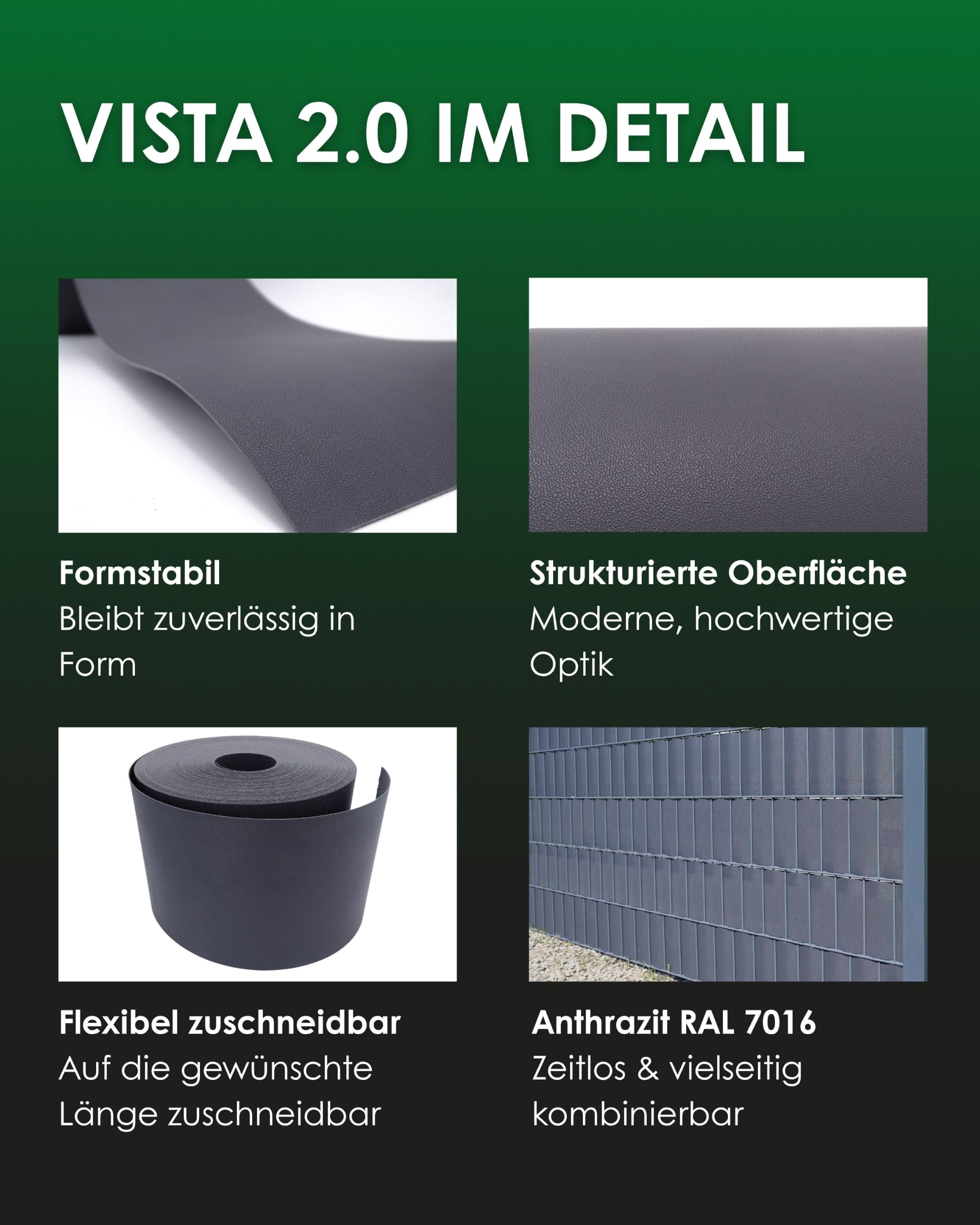 Sichtschutzstreifen für Doppelstabmatten, Anthrazit, 26 m, Vista 2.0