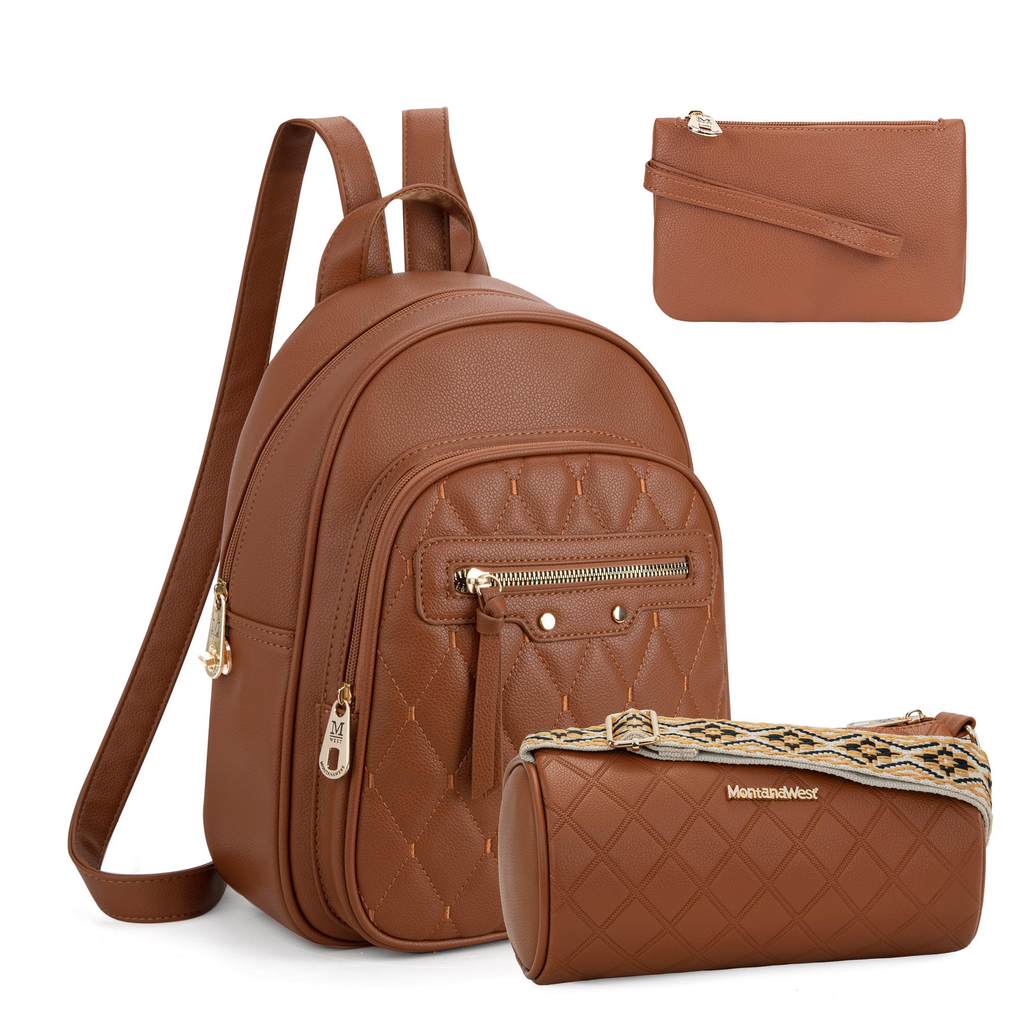Women\'s 3Pcs Anti Theft Backpack Purse Small Quilted Backpack Set, Brown Montana West - Brandclub - Montana West 3Pcs Anti Theft  main image 2