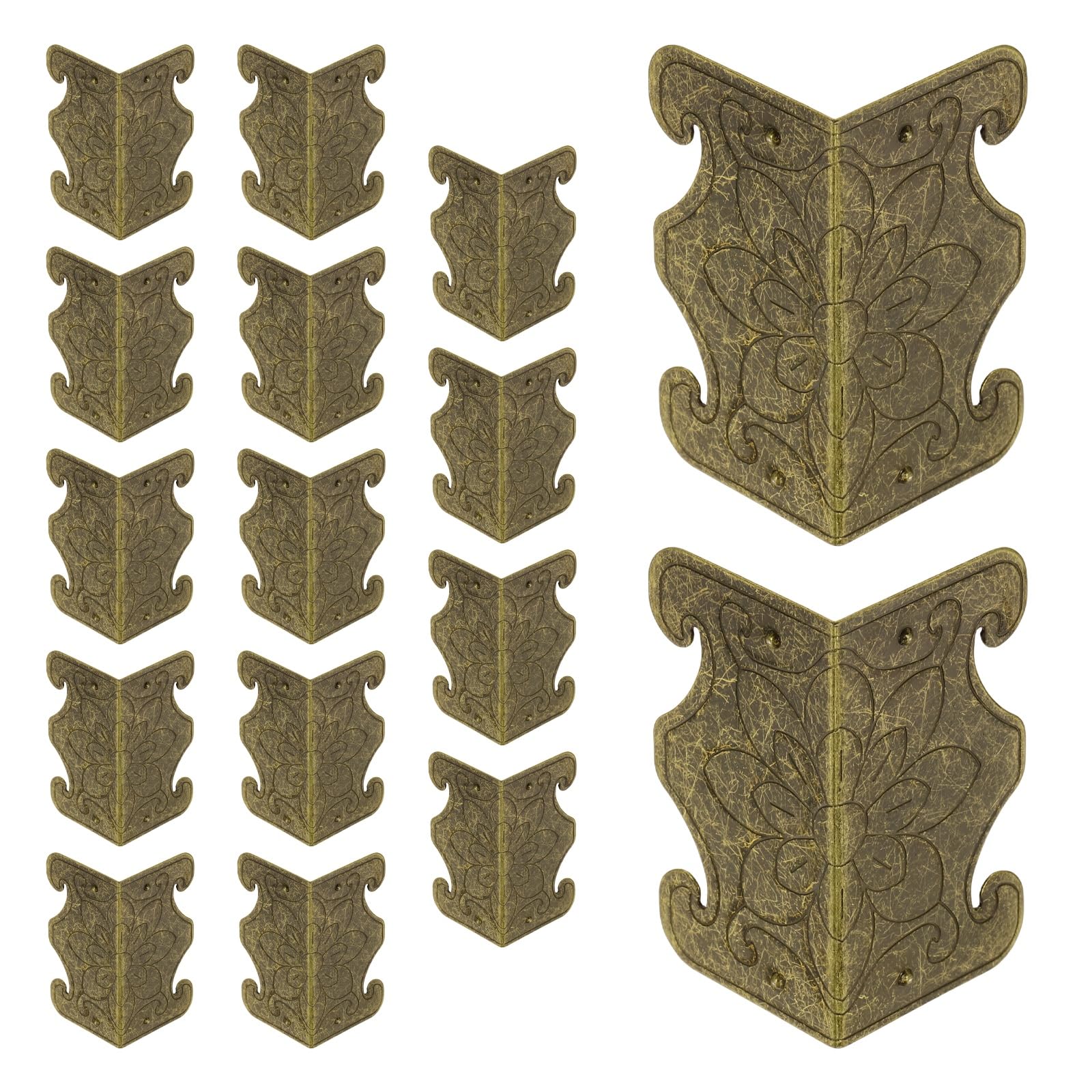 sourcing map 16 Pcs Baseboard Corner Protectors, Skirting Board Corner Protectors, Vintage Metal Corner for Furniture Table Cabinet Jewel Cases Decorative, Bronze