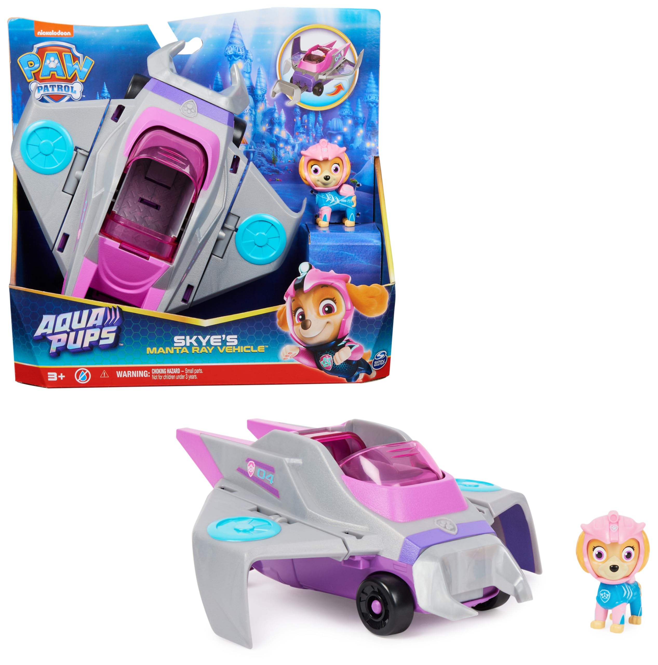 Aqua Pups Skye Transforming Manta Ray Vehicle with Collectible Action Figure, Kids’ Toys for Ages 3 and up