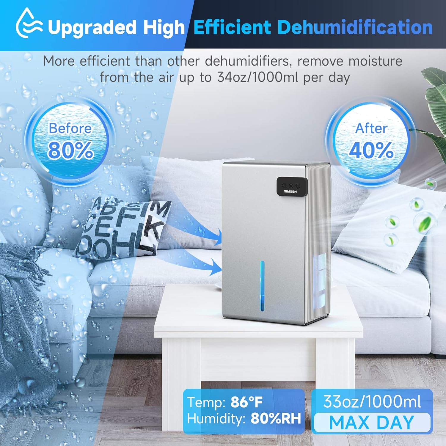 Portable and Quiet SIMSEN Dehumidifier for Home with Drain Hose, Ideal for Bedroom, Bathroom, Basements, Closet, and RV