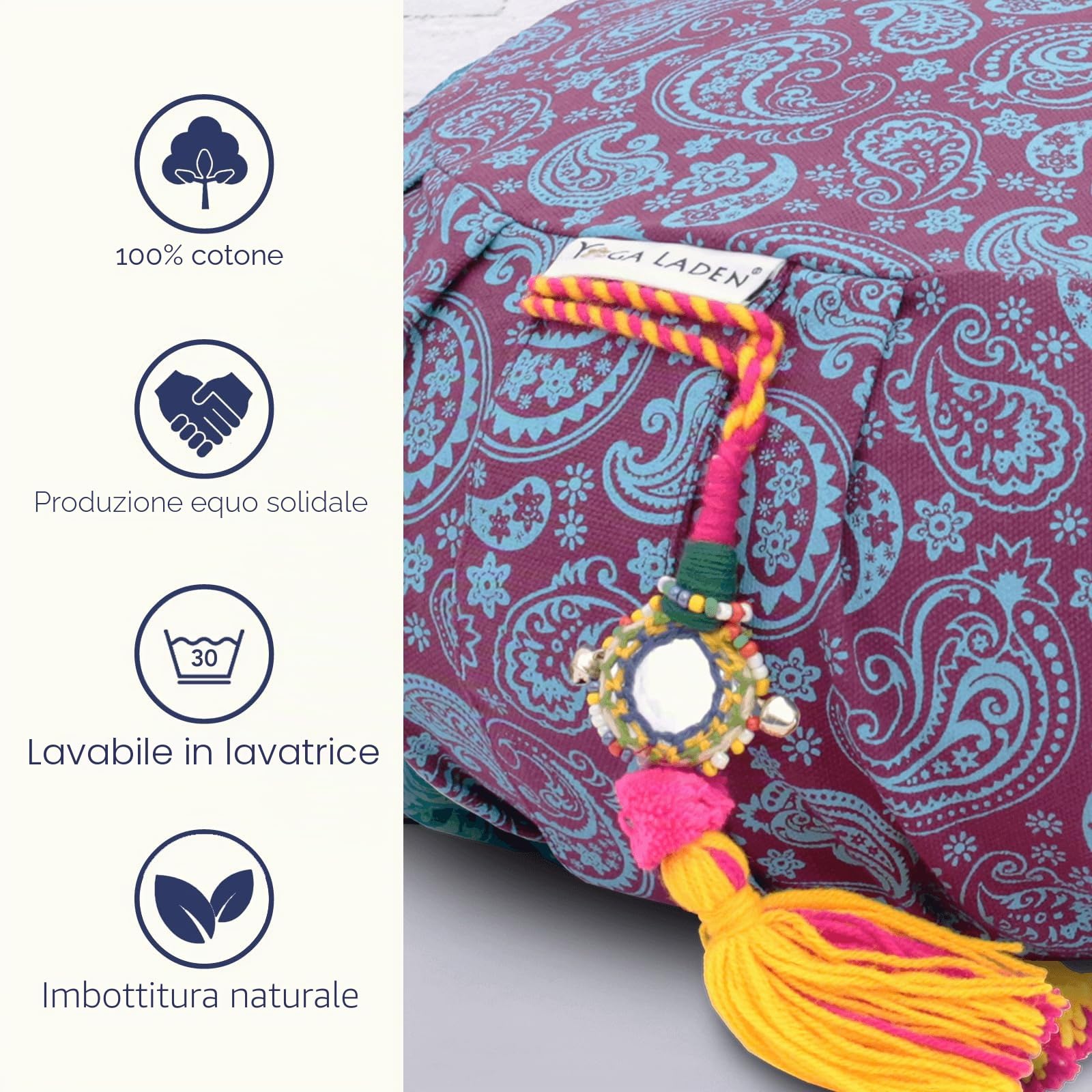 Cuscino da meditazione, per yoga, Paisley Zafu, 15 cm, lavabile, con ciotole di grano saraceno biologico, imbottitura