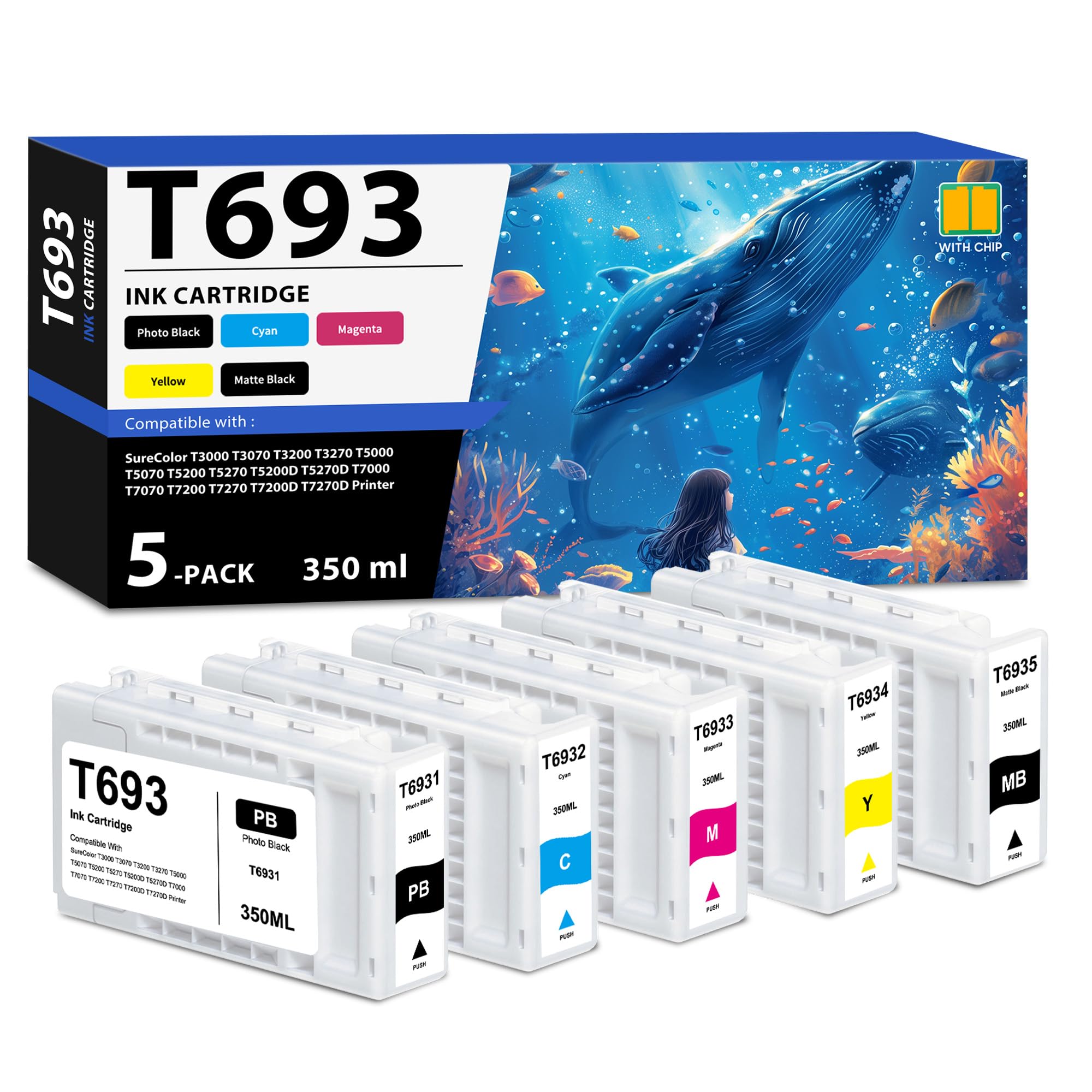 Photo 1 of Remanufactured T693 Ink Cartridges T6931 T6932 T6933 T6934 T6935 Ultra Chrome XD Ink Compatible for SureColor T3000 T3070 T3200 T3270 T5000 T5070 T5200 T5270 T7000 T7070 T7200 Printer (350ml 5-Pack)