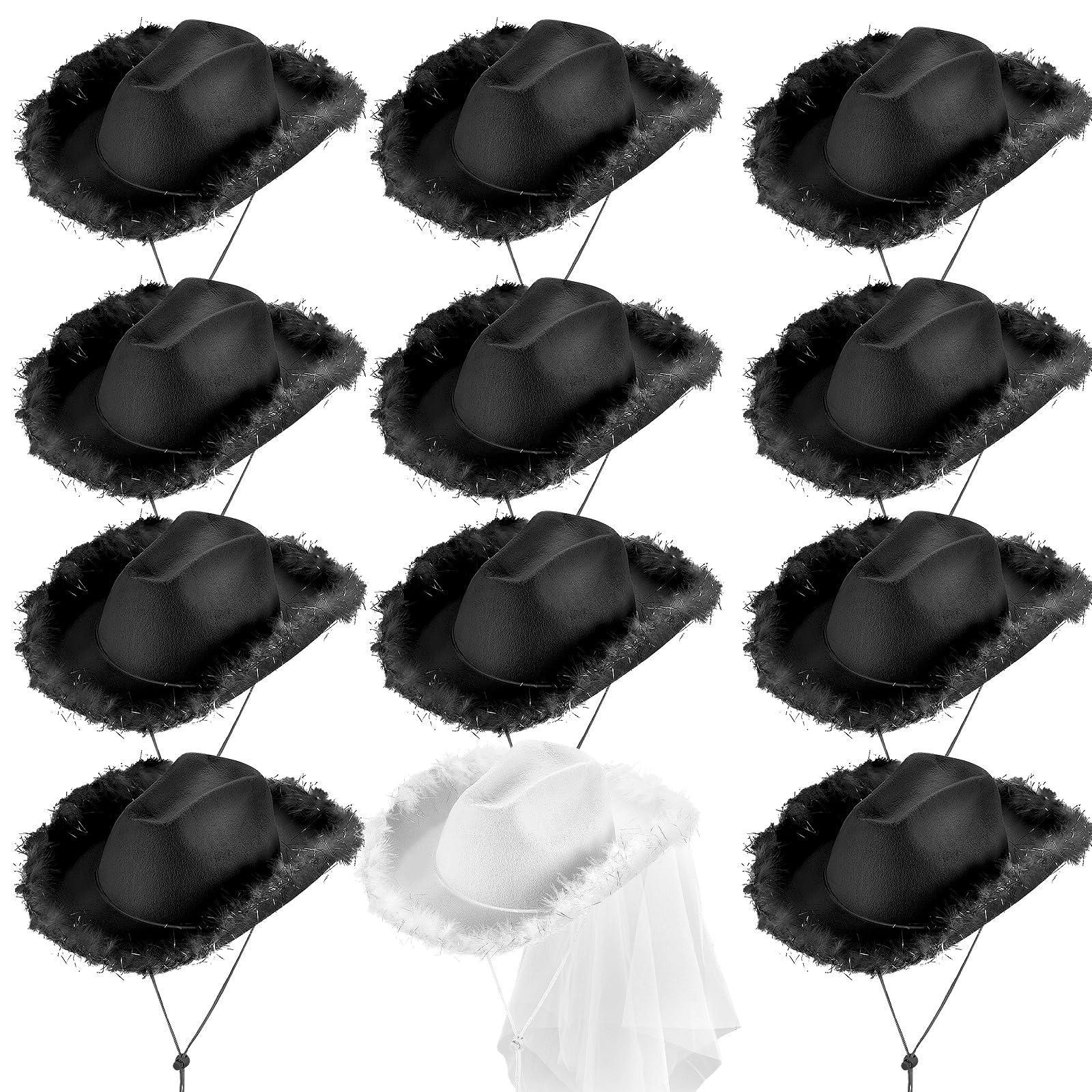 Kaxtde 12 Pcs Bride Cowboy Hats Bulk, Bachelorette Cowgirl Hats with Feather, Western Fluffy Cowboy Hat for Adults Hen Party Wedding Bridal Shower - Black, White