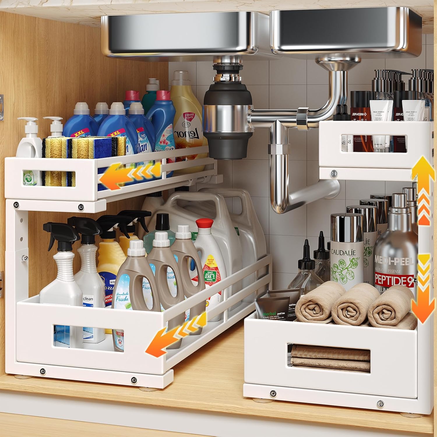 2-Pack 19"Deep Under Sink Organizer And Storage, 2-Tier L-Shaped Pull Out Cabinet Organizer with Upgraded Slide Rails, Height Adjustable Drawers for Kitchen&Bathroom, Extra-Large Storage Shelves–White 2 Pack-19"Dx11.4"-16.34"H White