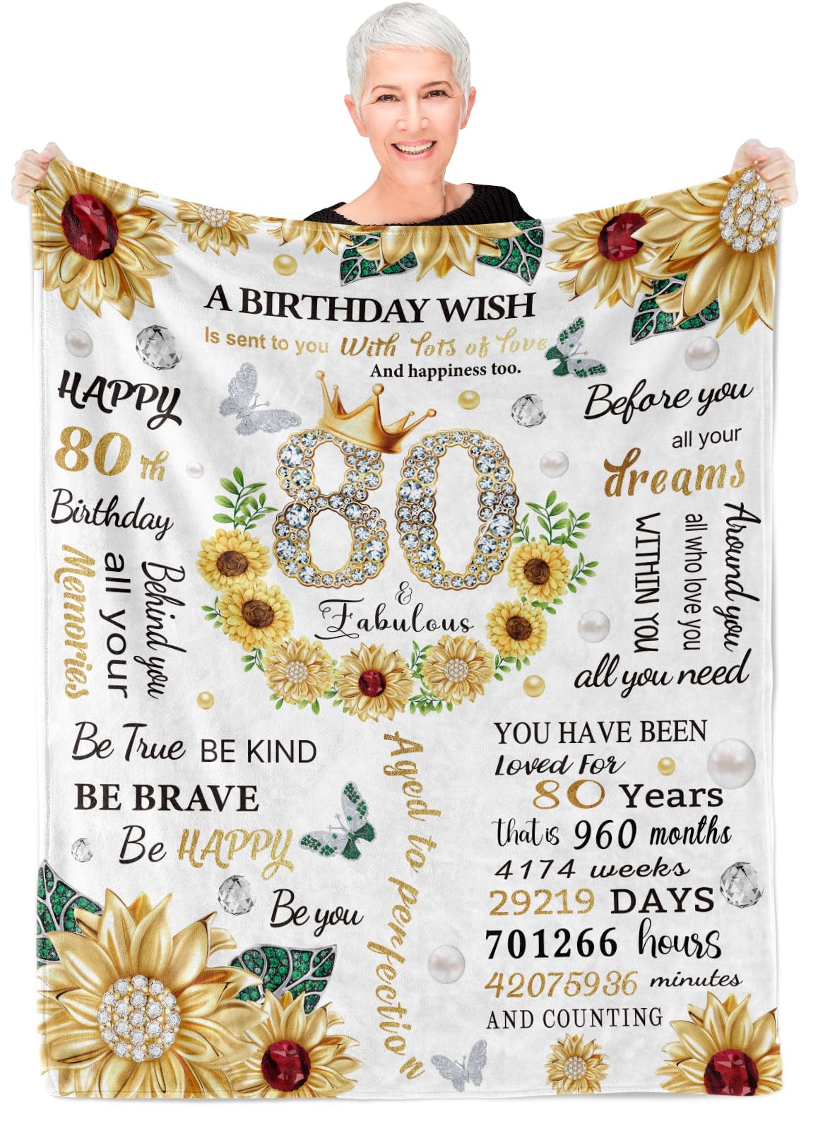 80th Birthday Gifts for Women, 60x80 Inch Sunflower Throw Blanket Birthday Gift for 80 Year Old Woman Birthday Blankets, 80th Birthday Gifts Ideas 80 Year Old Birthday Decorations Gift for Mum Grandma