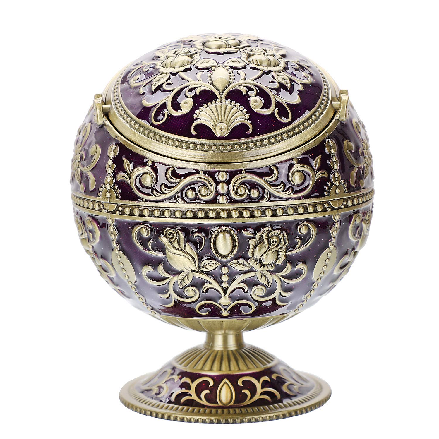 LAUYOO Windproof Ashtray with Lid for Cigarettes Metal Portable Cigar Ashtray Odor Eliminator for Indoor outdoor Hand Stamped Rose Pattern with Sparkle Fancy Gift for Men Women (Dark Purple-Bronze)