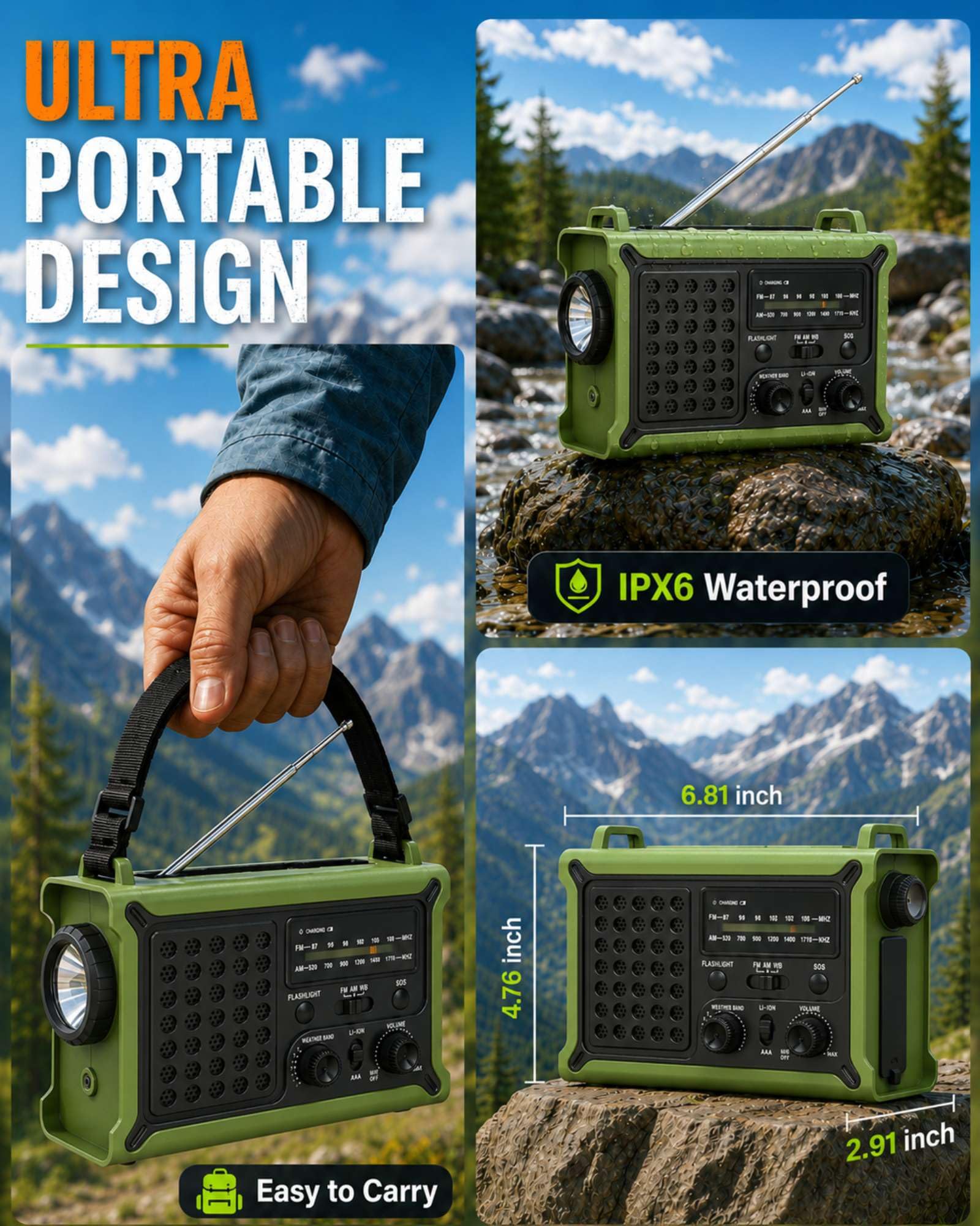 Radio meteorologica di emergenza AM/FM/NOAA solare manovella LED torcia USB SOS