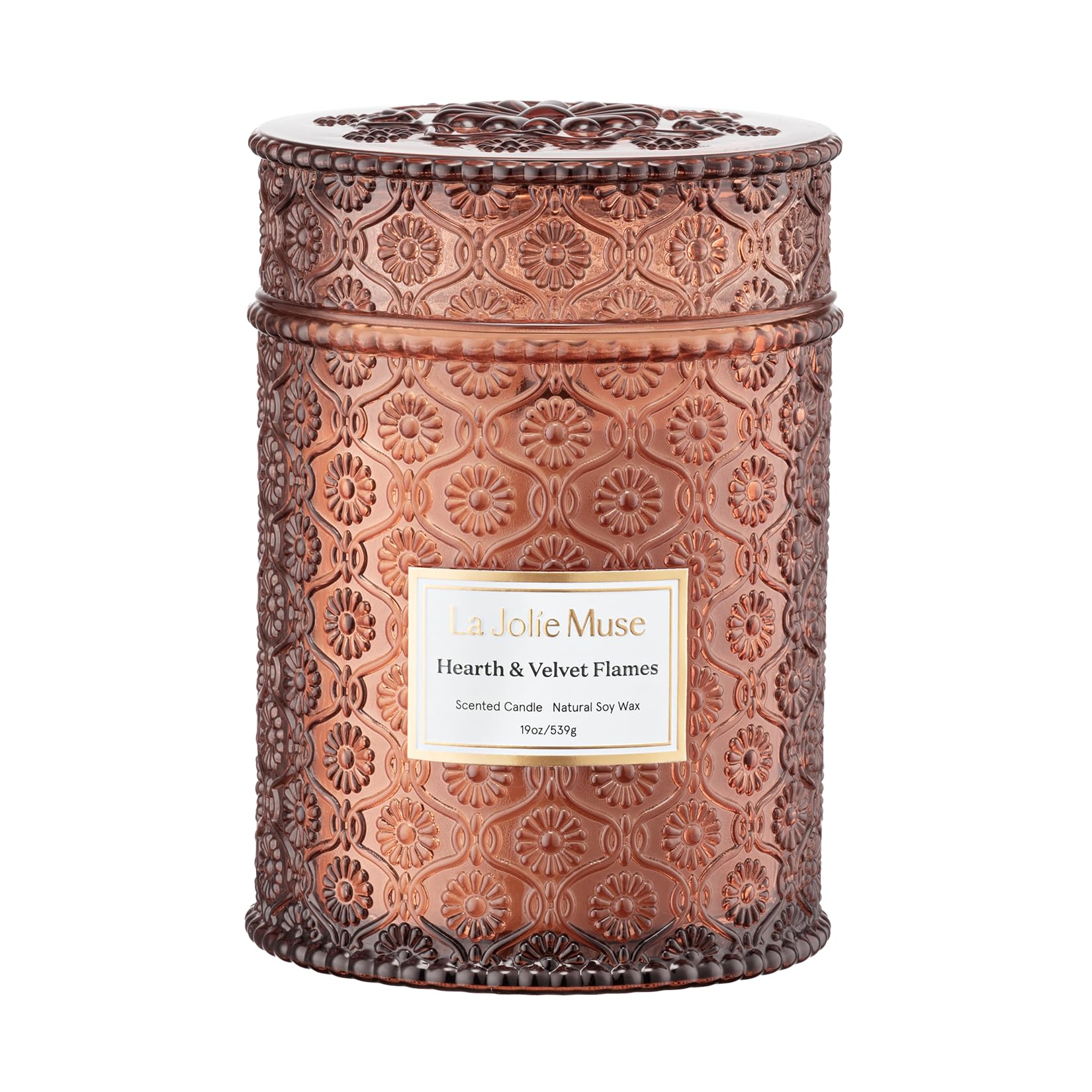 LA JOLIE MUSE Hearth & Velvet Flames Candle - Saffron, Clove, Vanilla | 19 oz Large Wooden Wick Candles | Natural Soy Wax | 90 Hours Clean Burn | Holiday Candle Gifts | Gift-Ready for Hosts