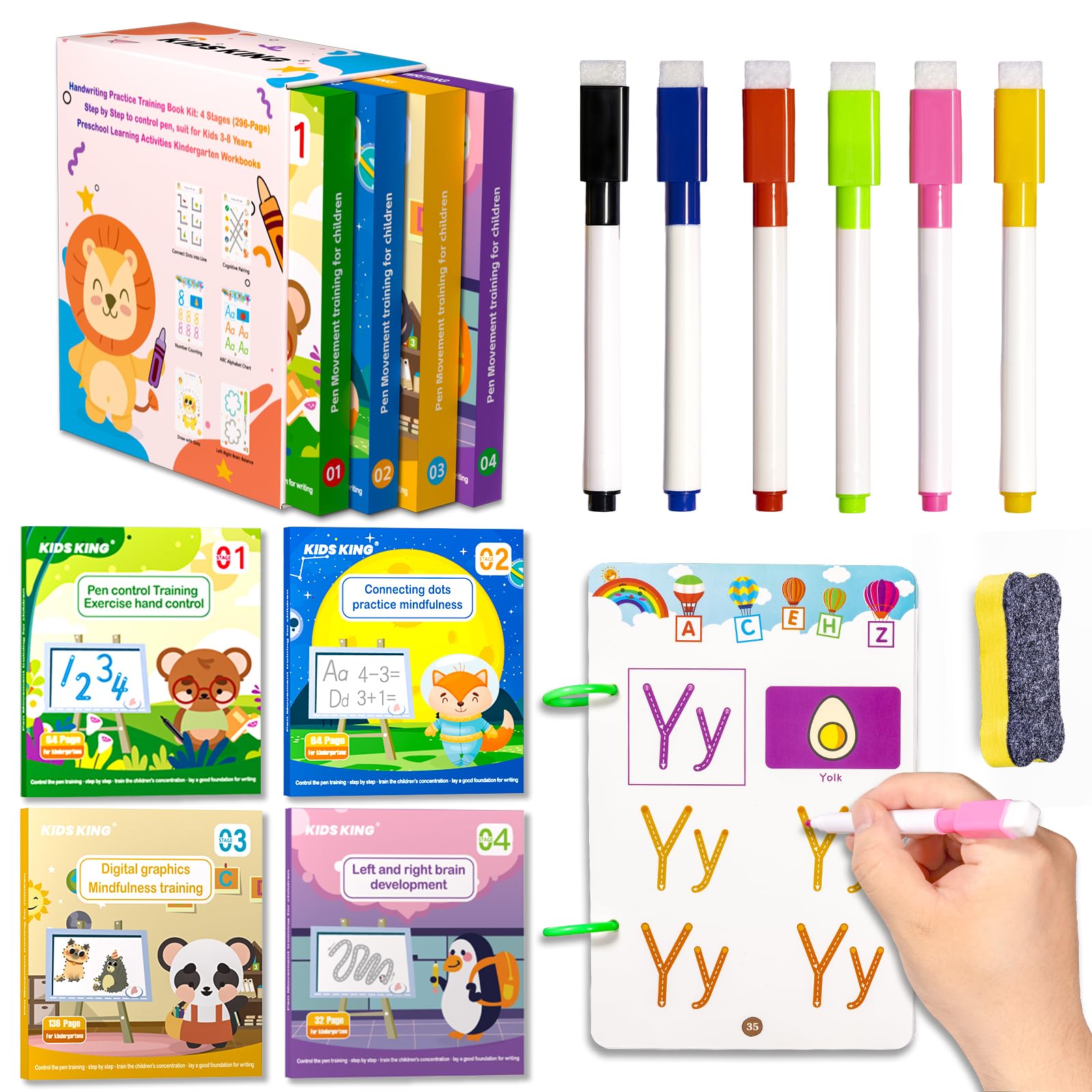 Handwriting Tracing Book - Pen Control Practice Training Books Kit, 296 Reusable Pages with Dry Erase, Alphabet | Count | Draw with Dots, Preschool Learning Activities 4-Stage Workbooks
