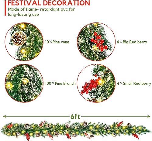 Miniatura 2 de Guirnalda de Navidad de 6 pies con luces, guirnalda de Navidad artificial preiluminada con temporizador, conos de pino, bayas, guirnalda de Navidad