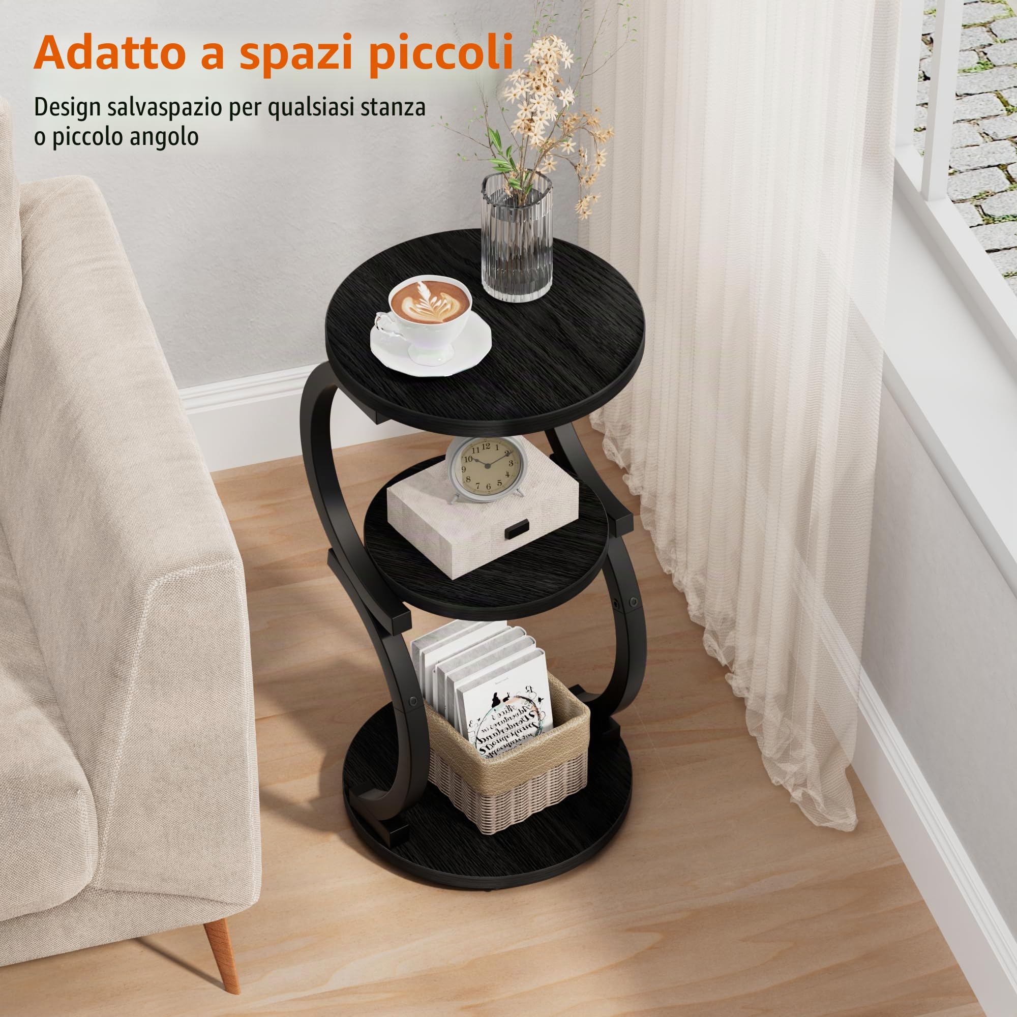 JUSTOGO Piccolo tavolino rotondo, tavolino a 3 ripiani per soggiorno, comodino vintage per piccoli spazi, divano, comodino ad angolo, camera da letto, tavolino in legno a forma di S, tavolino da caffè