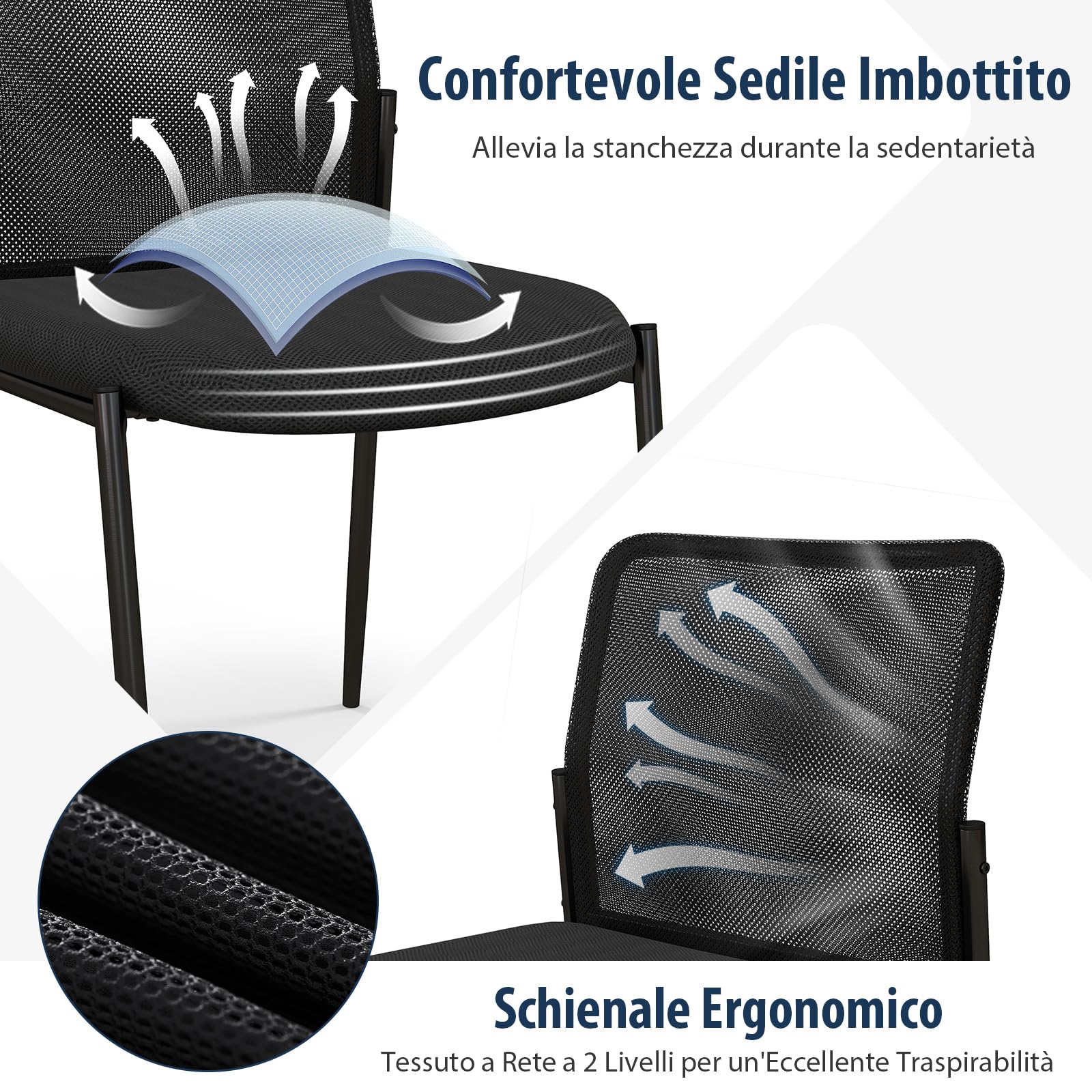 COSTWAY Set di 2 Sedie da Conferenza, Sedia da Ufficio con Schienale Ergonomico in Rete, Seduta Imbottita, Sedie per Sala d'Attesa, Ufficio, Portata 150 kg, 63 x 52 x 84 cm